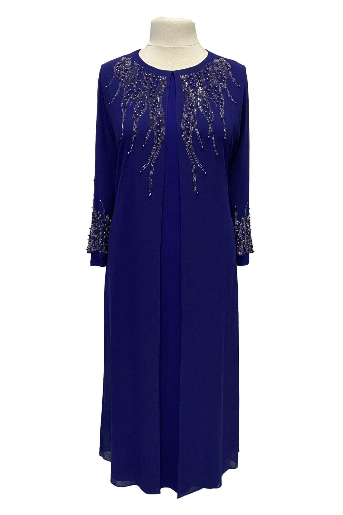 HESNA Saks Mavi Alya Büyük Beden Şık Taş İşlemeli Anne Abiye Elbise