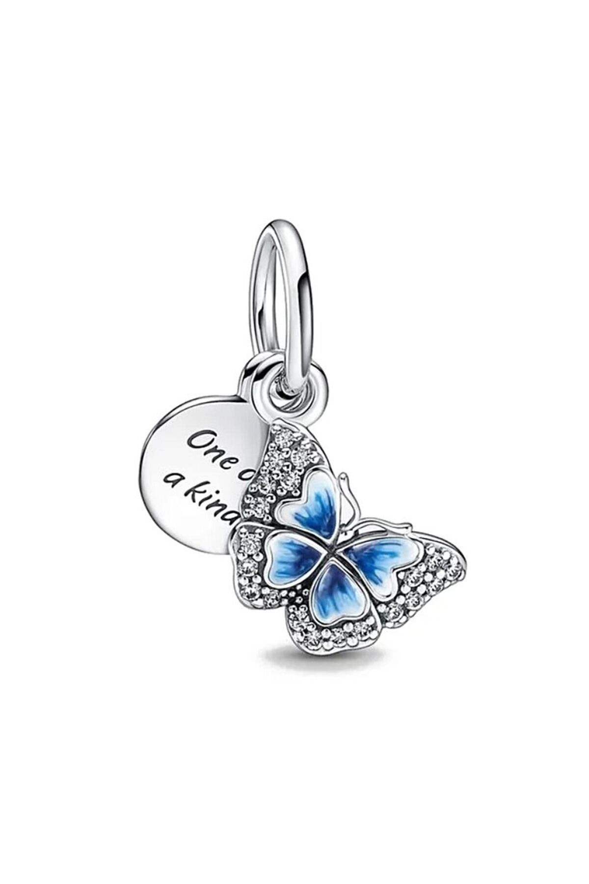 Lux Design Gümüş Mavi Kelebek Ve Yazılı Çift Sallantılı Charm