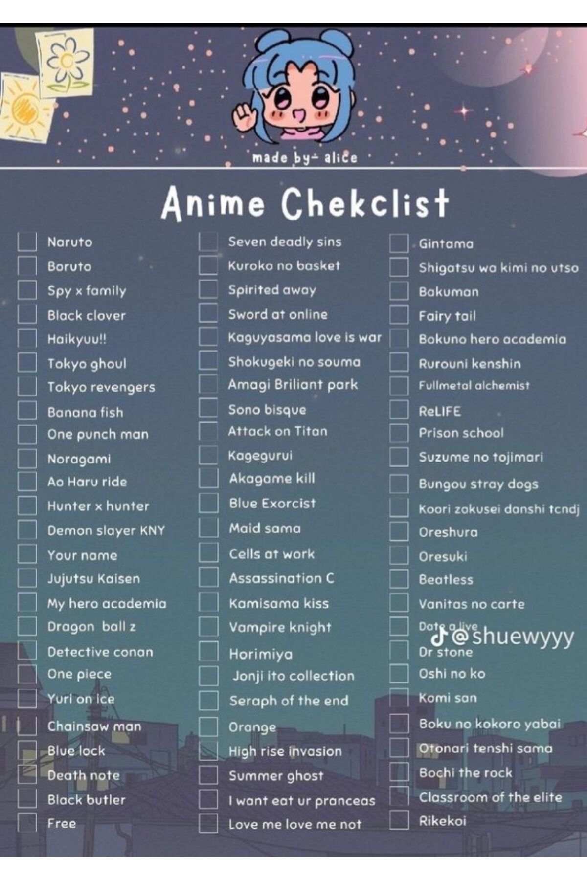 512 STORE Anime İzleme Listesi Duvar Poster 30x42 Cercevesiz /M