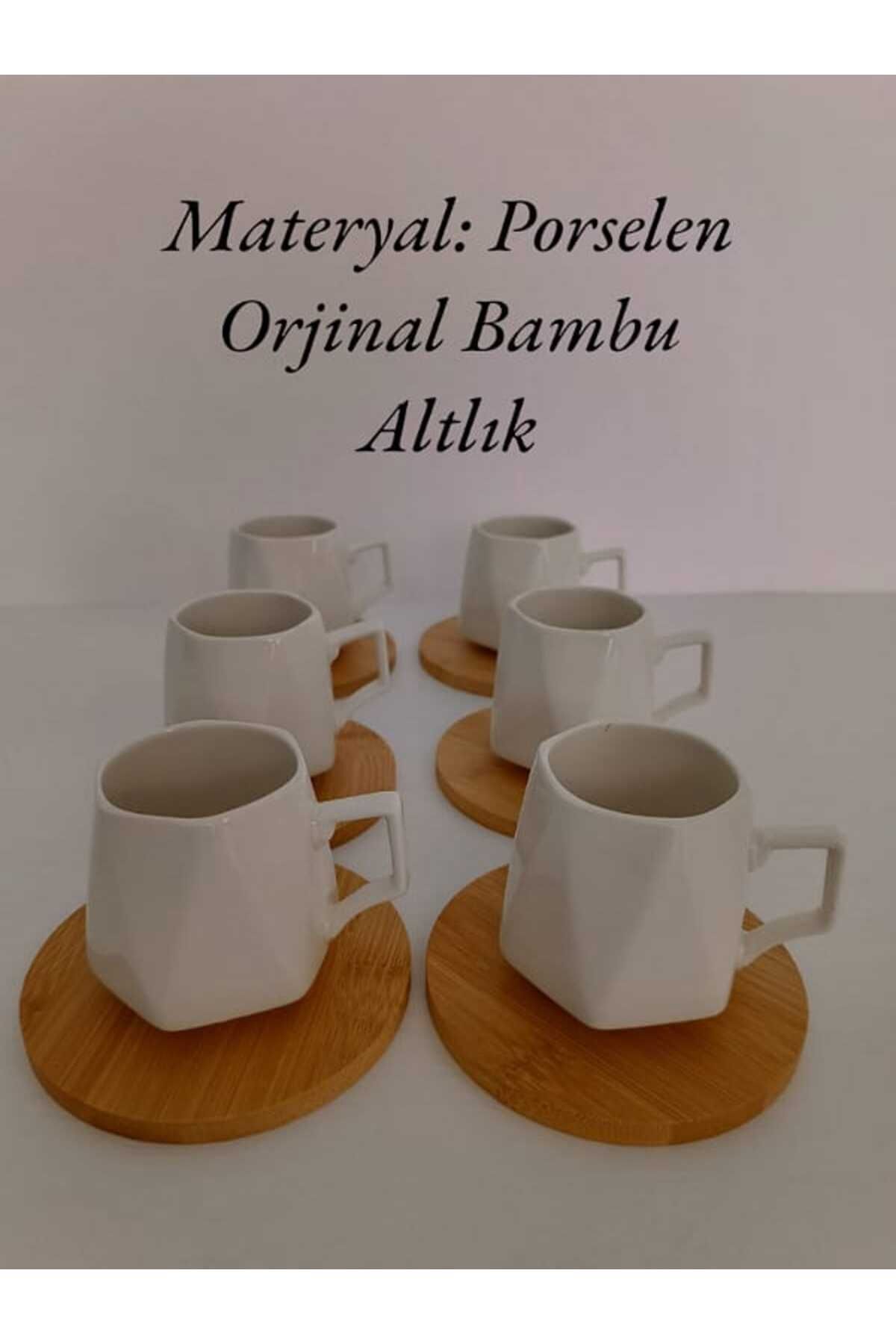 REYZOFF TEKS 12 Parça 6 Kişilik Bambu Altlıklı Geometrik Şekilli Porselen Türk Kahvesi Fincan Seti