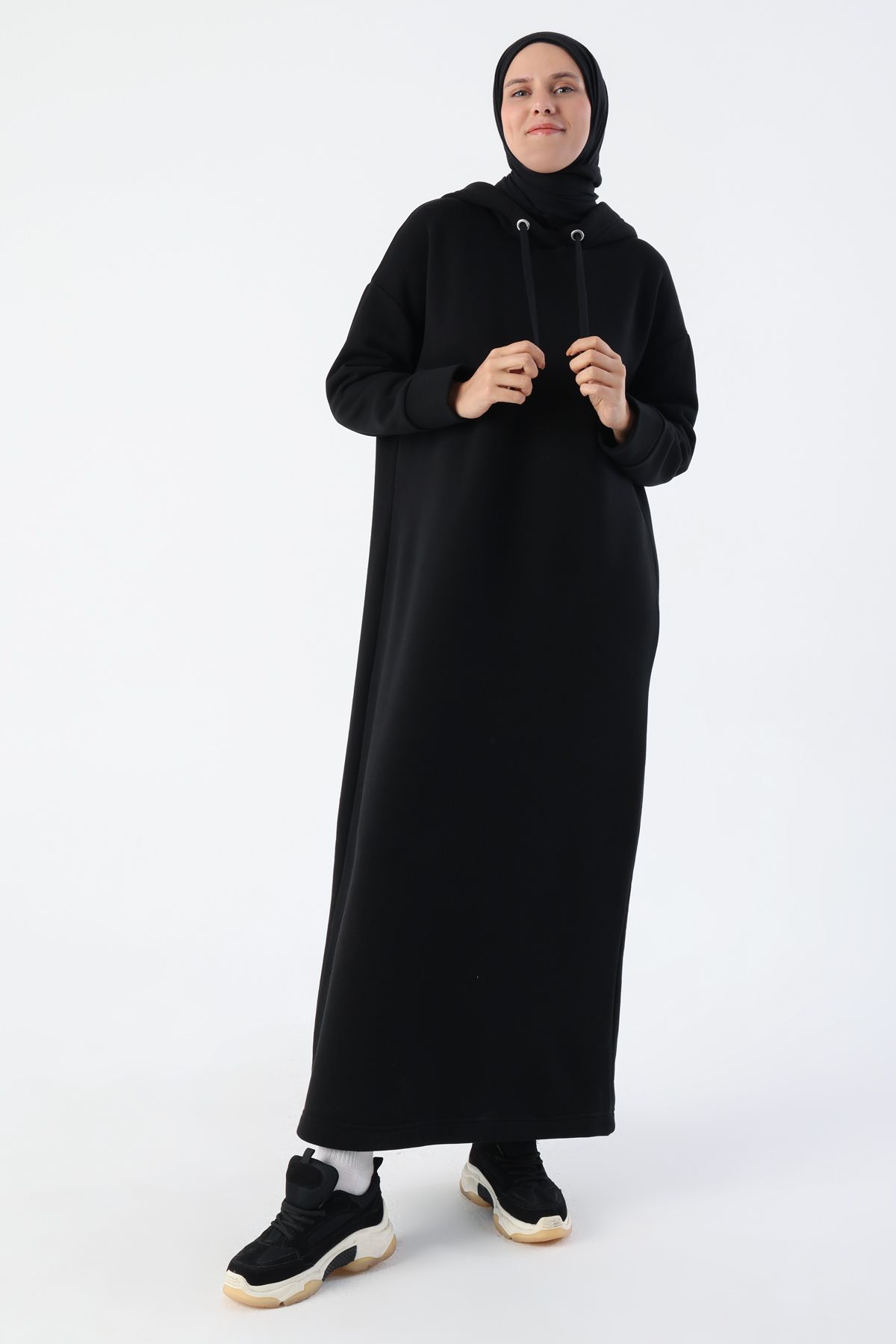 ALLDAY Siyah Şardonlu Kapüşonlu Basic Elbise