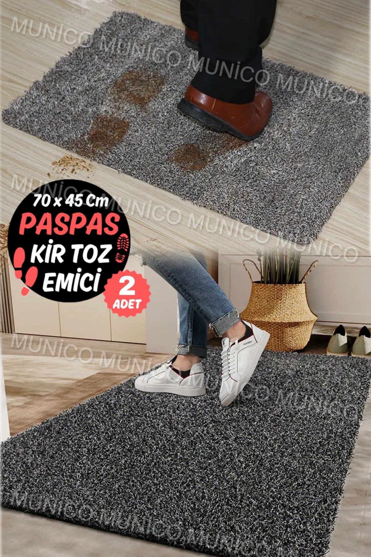 Munico 2 Adet Lateks Kaymaz Taban Yıkanabilir Çamur Kir Temizleyici Paspas Çamaşır Makinesinde Yıkanabilir