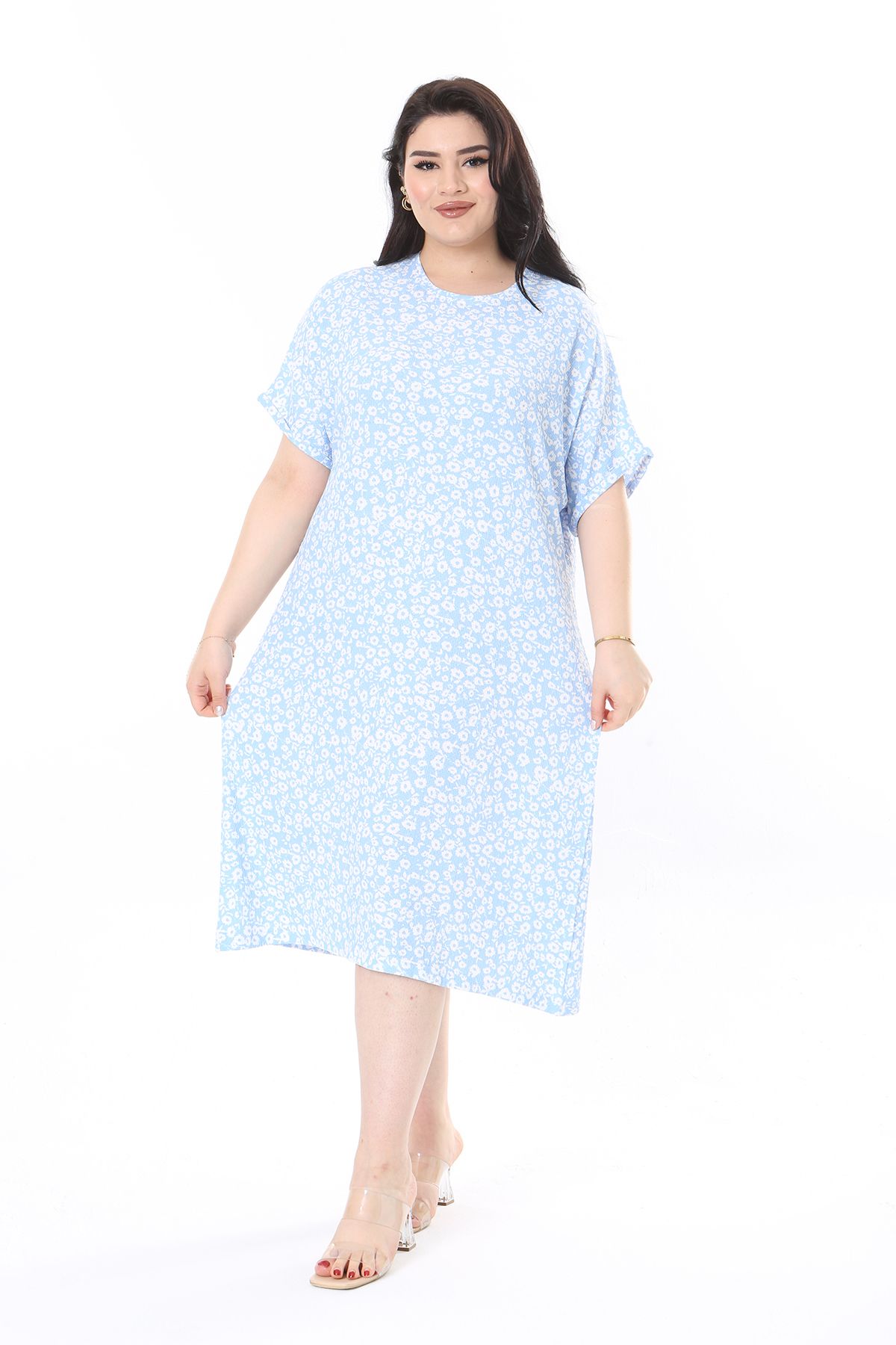 Şans Kadın Büyük Beden Bebe Mavisi Bürümcük Kumaş Kısa Kollu Desenli Elbise 65N37858