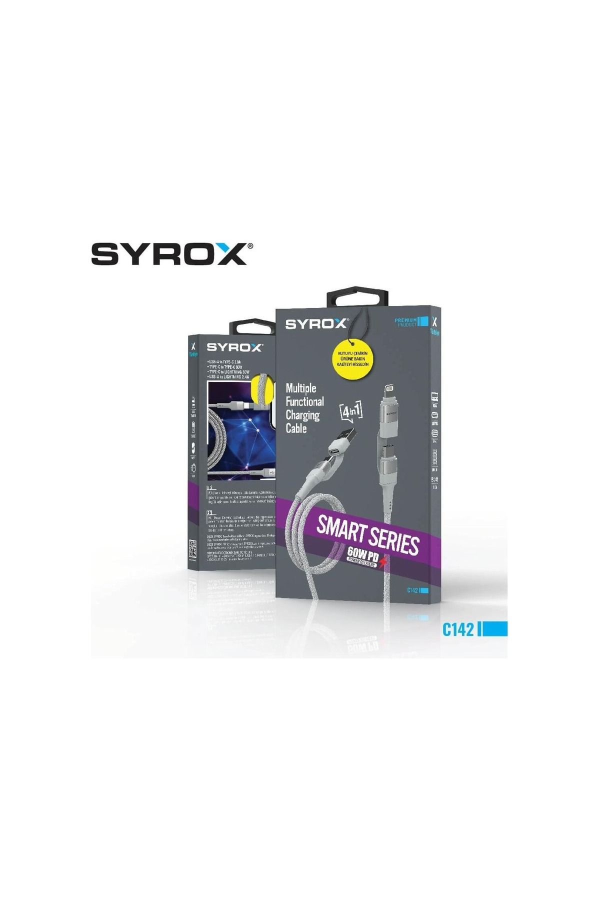 Syrox C142 4 in 1  4ü 1 arada Çoklu Şarj & Data hazırlı Kablo USB To 2x Type-C 1x Lightning 121cm