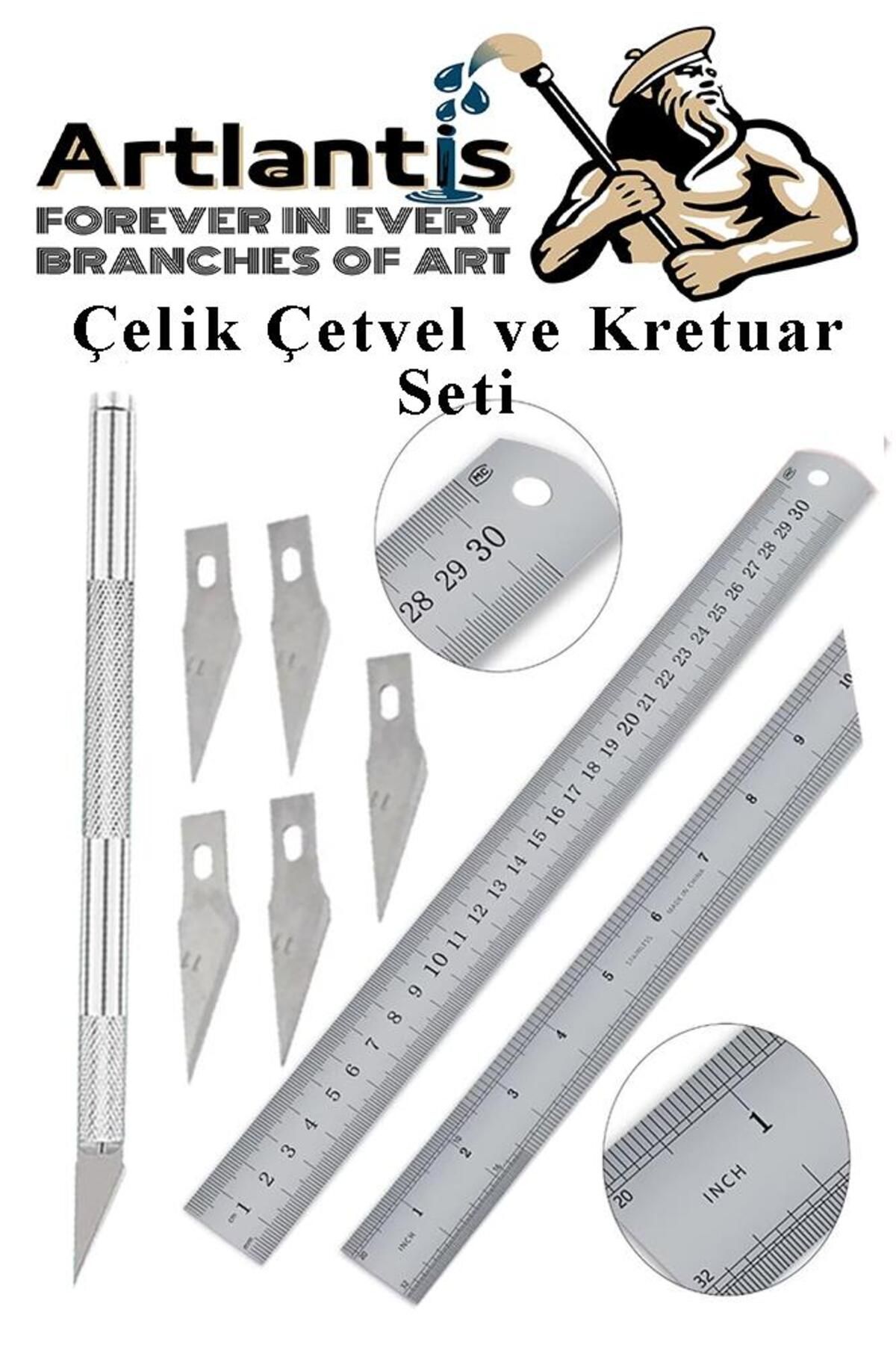Artlantis Çelik Cetvel 30 cm ve Kretuar Bıçağı 5 Yedek Bıcaklı 1 Adet Paslanmaz Çelik Metal Çetvel 30 Santimet