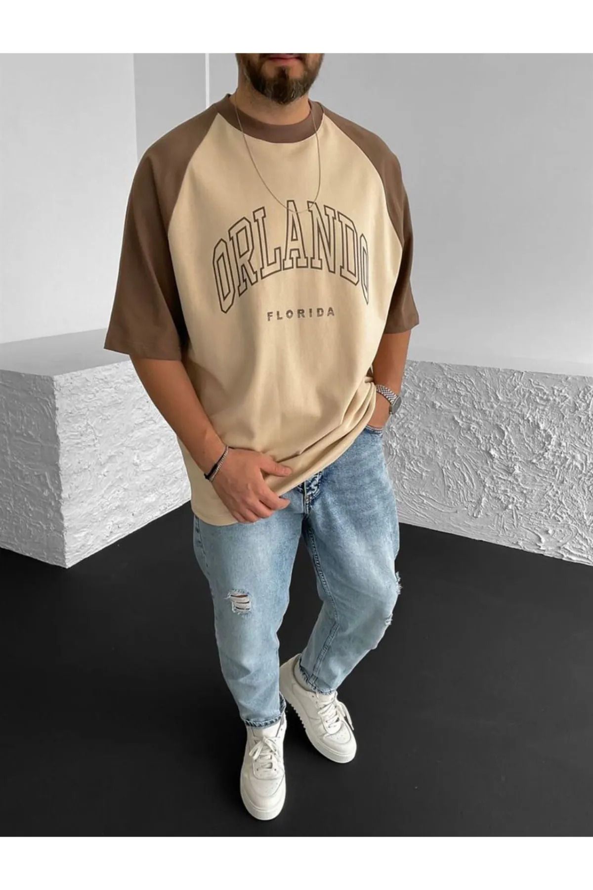 Machetta Büyük Beden Orlando Florida Baskılı Reglan Kol Bej Oversize T-shirt