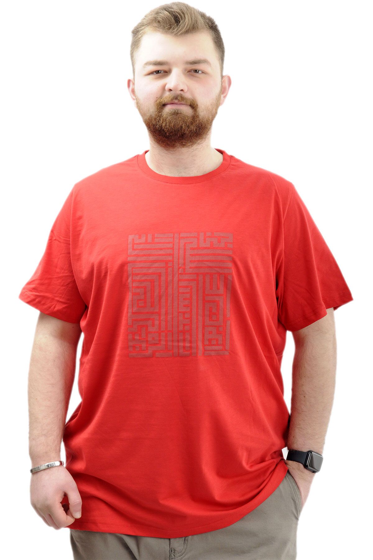 Modexl Mode XL Büyük Beden Erkek T-Shirt Bisiklet Yaka Baskılı LABYRINTH U24048 Kırmızı