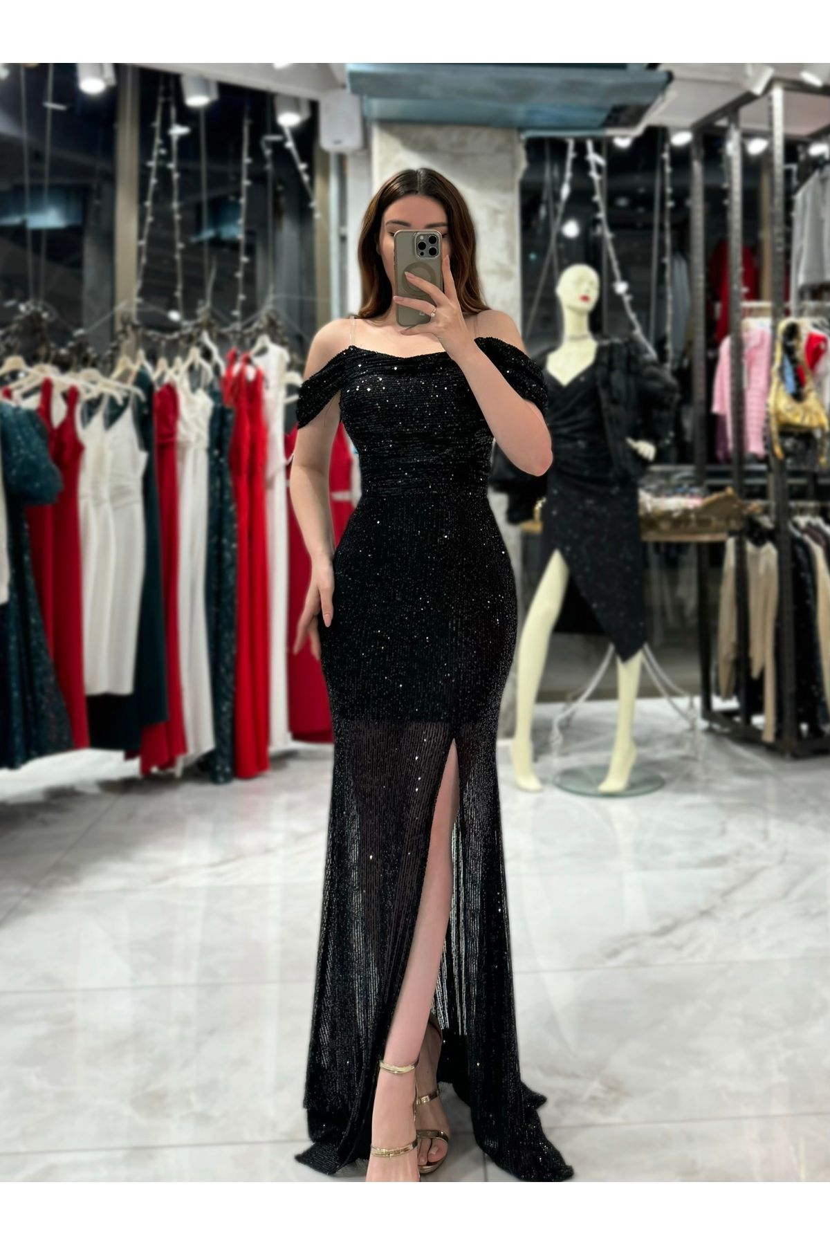 missswans Andrea Arkası Bağlamalı Detaylı Degaje Yaka Uzun Boy Payet Önü Yırtmaçlı Abiye Elbise  Siyah