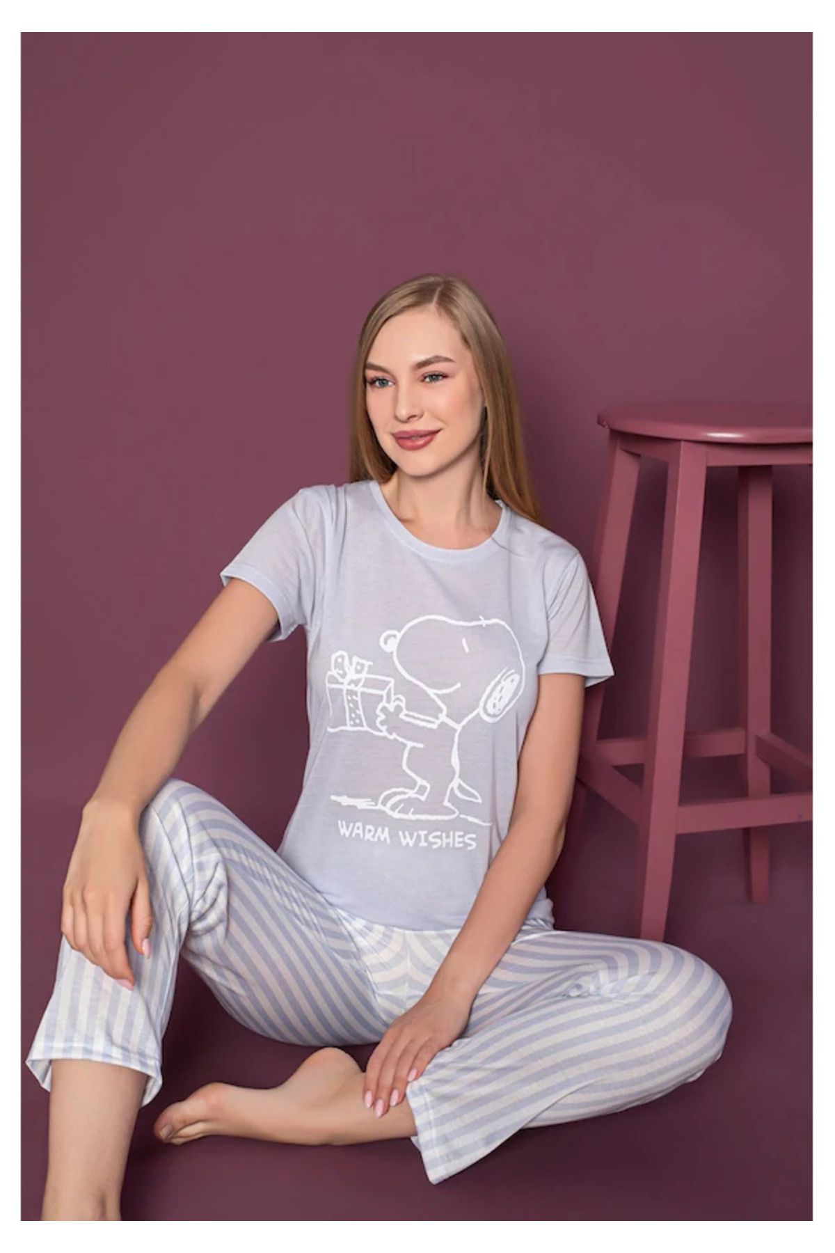 Sude Kadın Sıfır Yaka Kısa Kol Snoopy Desen Pijama Takımı Mavi
