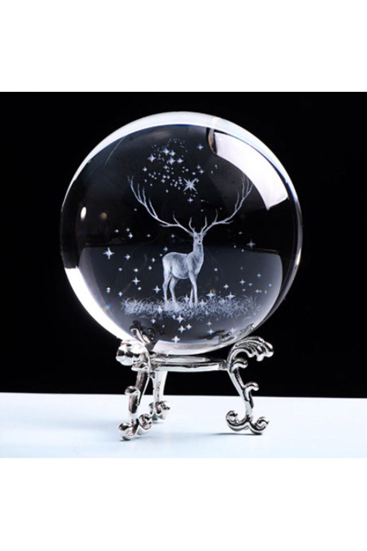 Hediye Sahibi Dekoratif Gümüş Ayaklı Geyik Tasarımlı 3D Cam Küre