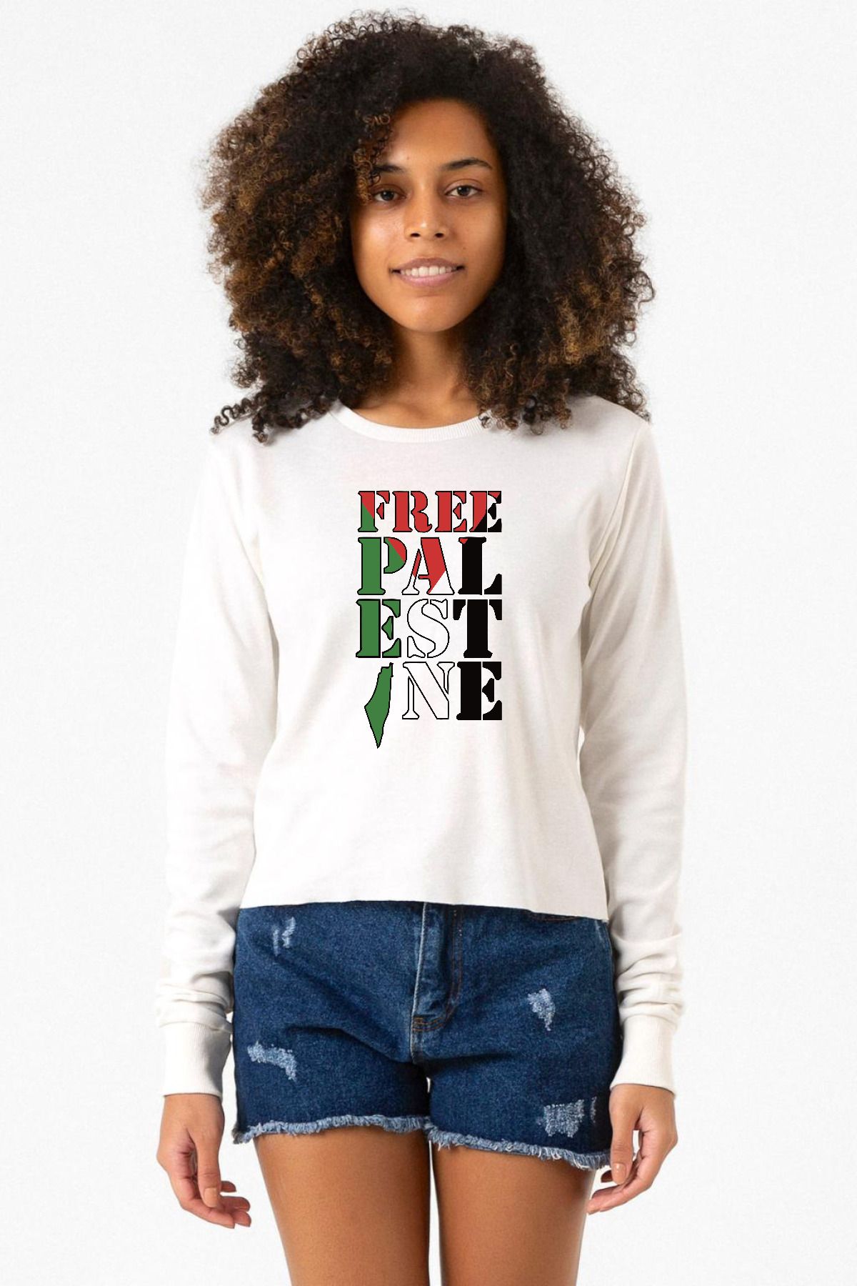 Tshirthane Free Palestine Ekru Ekstra Uzunkol Sweatshirt