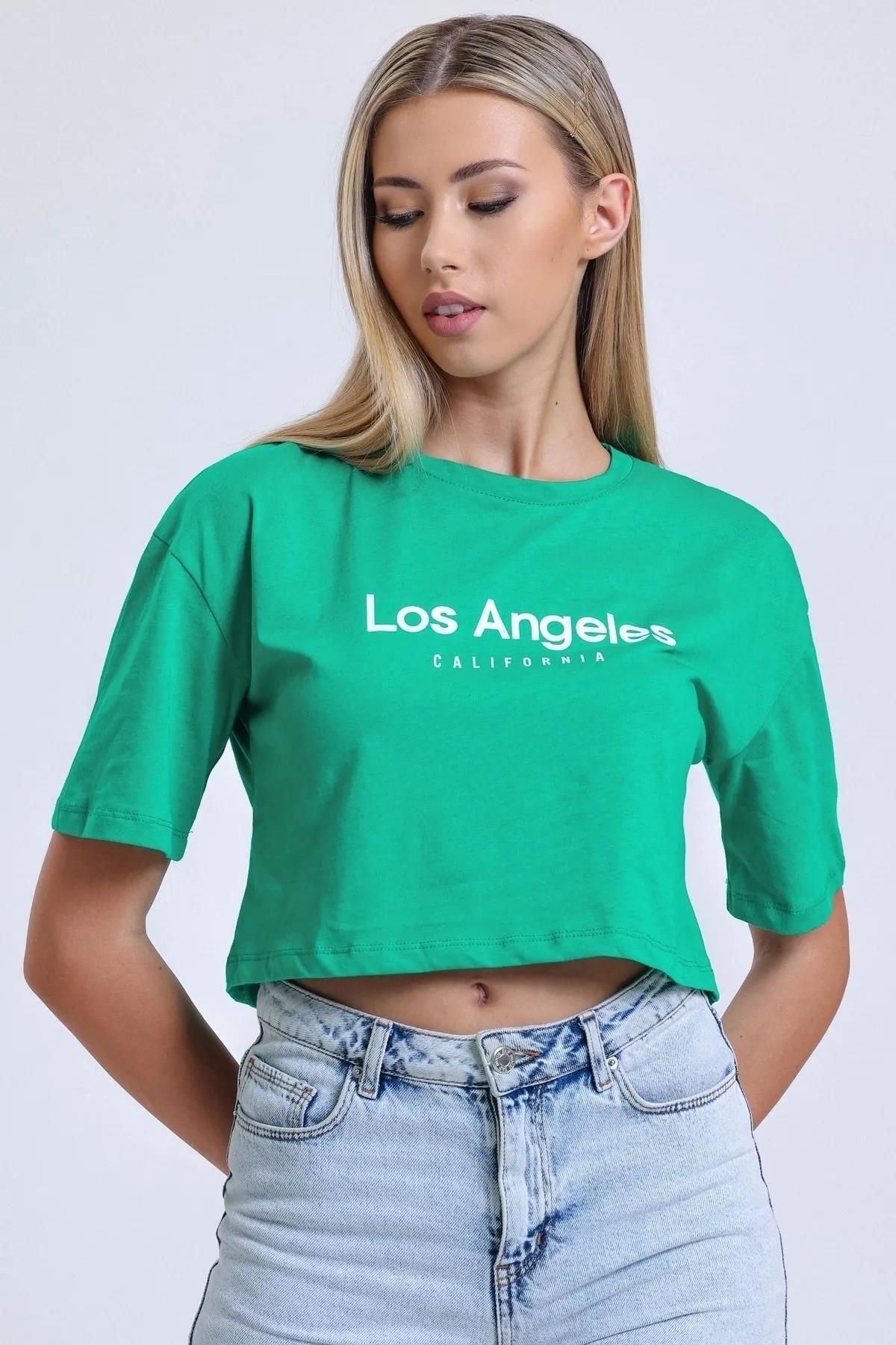 Tena Kadın Benetton Yeşil Los Angeles Nakışlı Crop Tişört