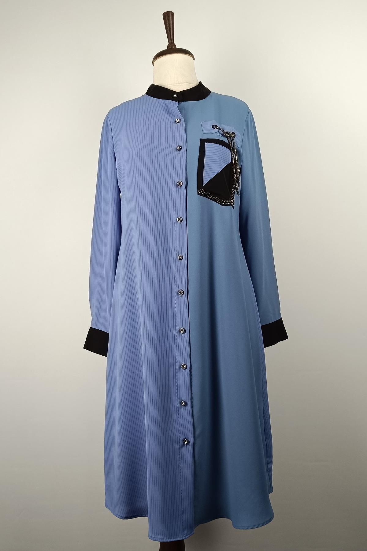 duay butik Bağcık Detaylı Çizgili Tunik Mavi G3084