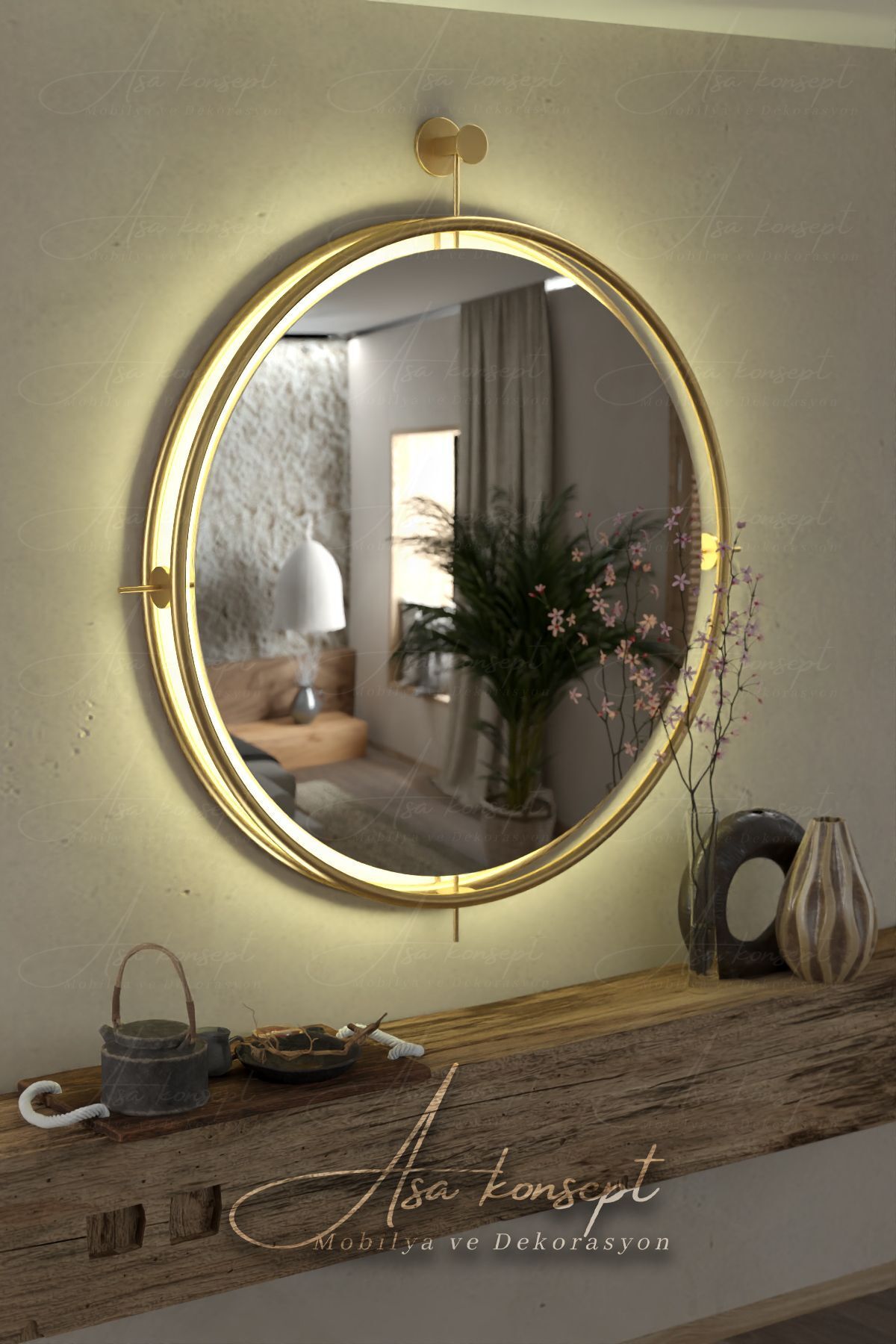ASA KONSEPT Istanbul Gold Kablosuz Ledli Ayna, Metal Dekoratif Hol Duvar Salon Mutfak Banyo Wc Ofis Aynası