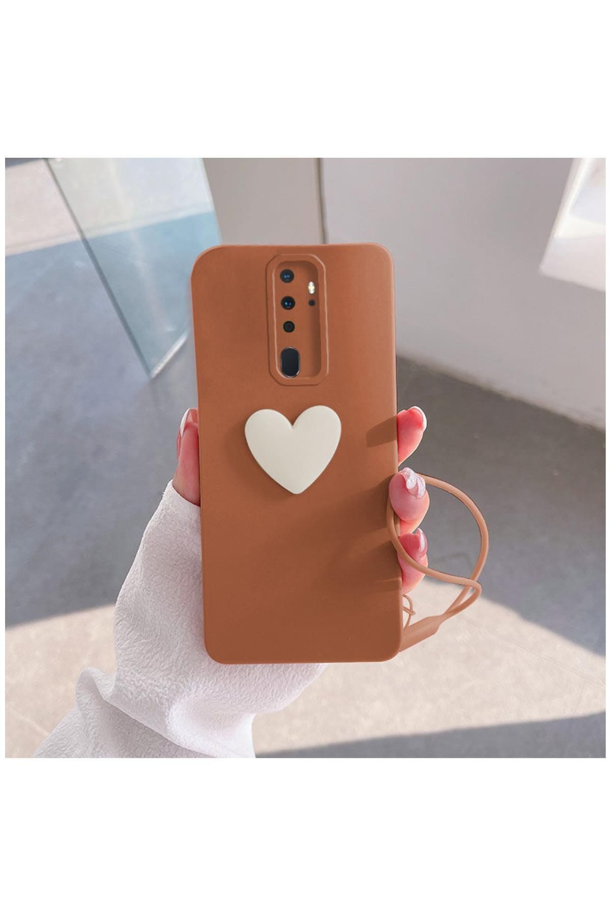 Zebana Oppo A9 2020 Uyumlu Kılıf Kalpli Love Silikon Kılıf Kahverengi