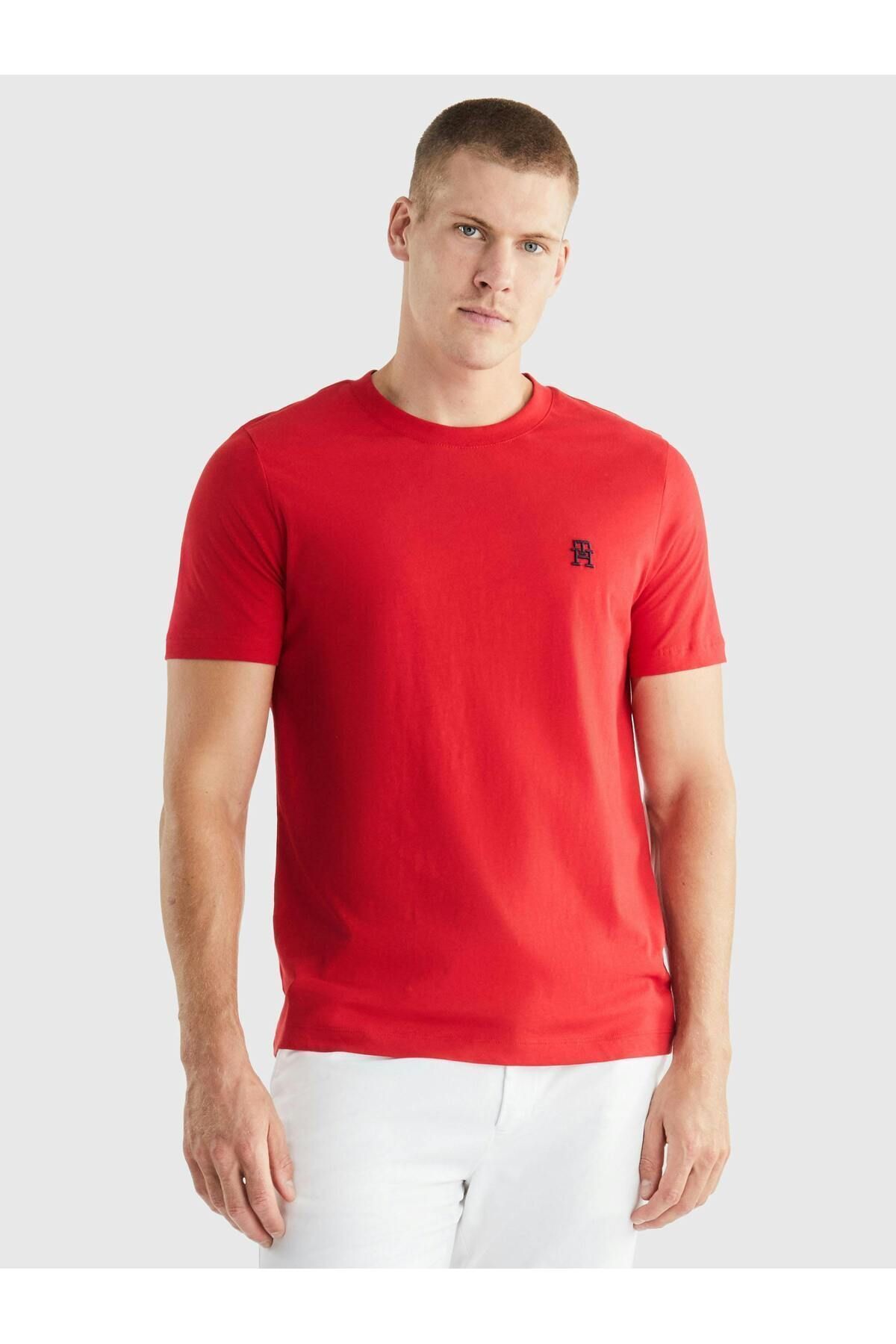 Tommy Hilfiger Erkek Dokuma Kumaş Kısa Kol Düz Model Kırmızı T-Shirt MW0MW33987-XLG