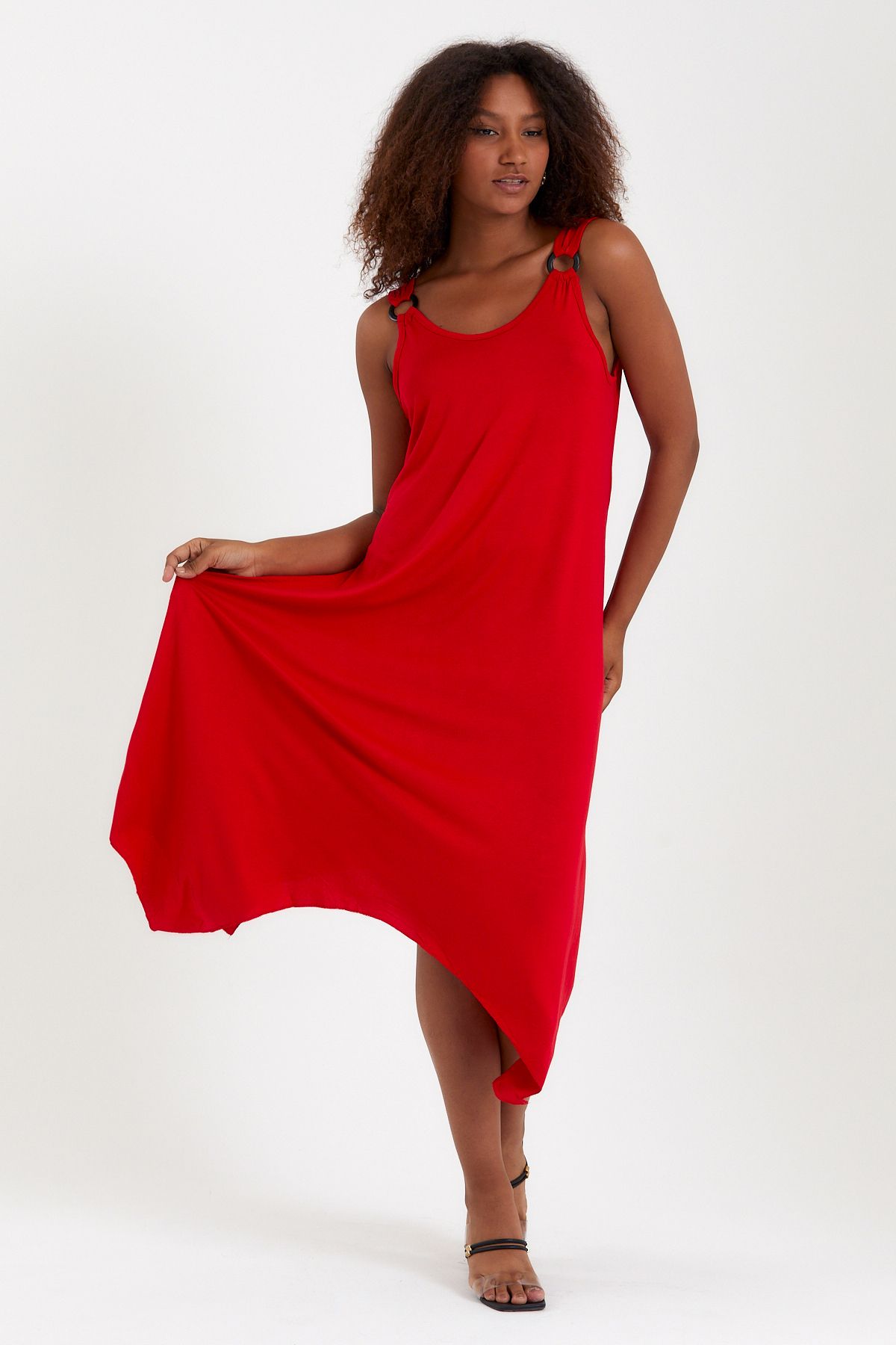 Meba Kırmızı Yazlık Kalın Askılı Asimetrik Kesim Likralı Penye Elbise