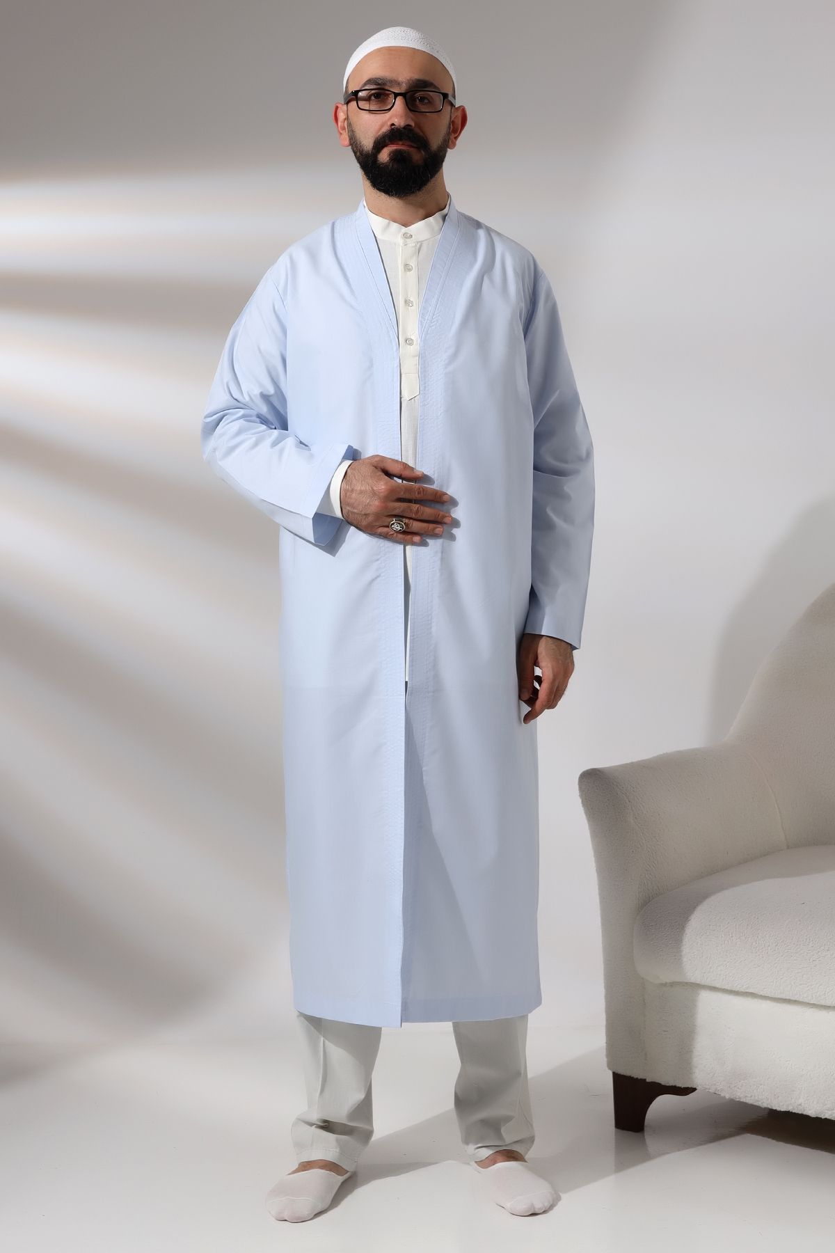 ihvanonline Mavi Erkek Namaz Elbisesi V Yaka Düğmesiz Önü Açık Namaz Cübbesi