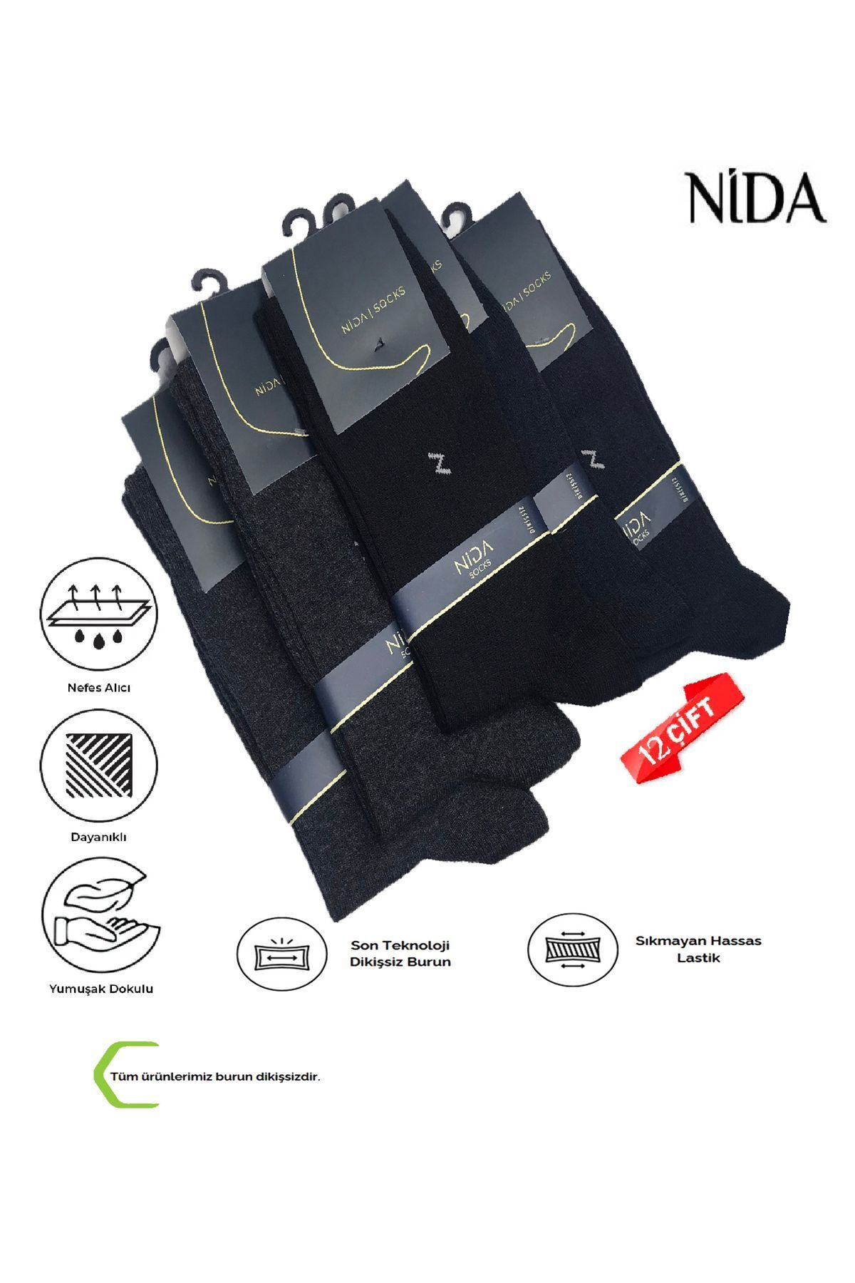 NidaSocks Pamuk Erkek Soket Çorap Premium 12 Çift (3RENK) (SON TEKNOLOJİ BURUN DİKİŞSİZ)