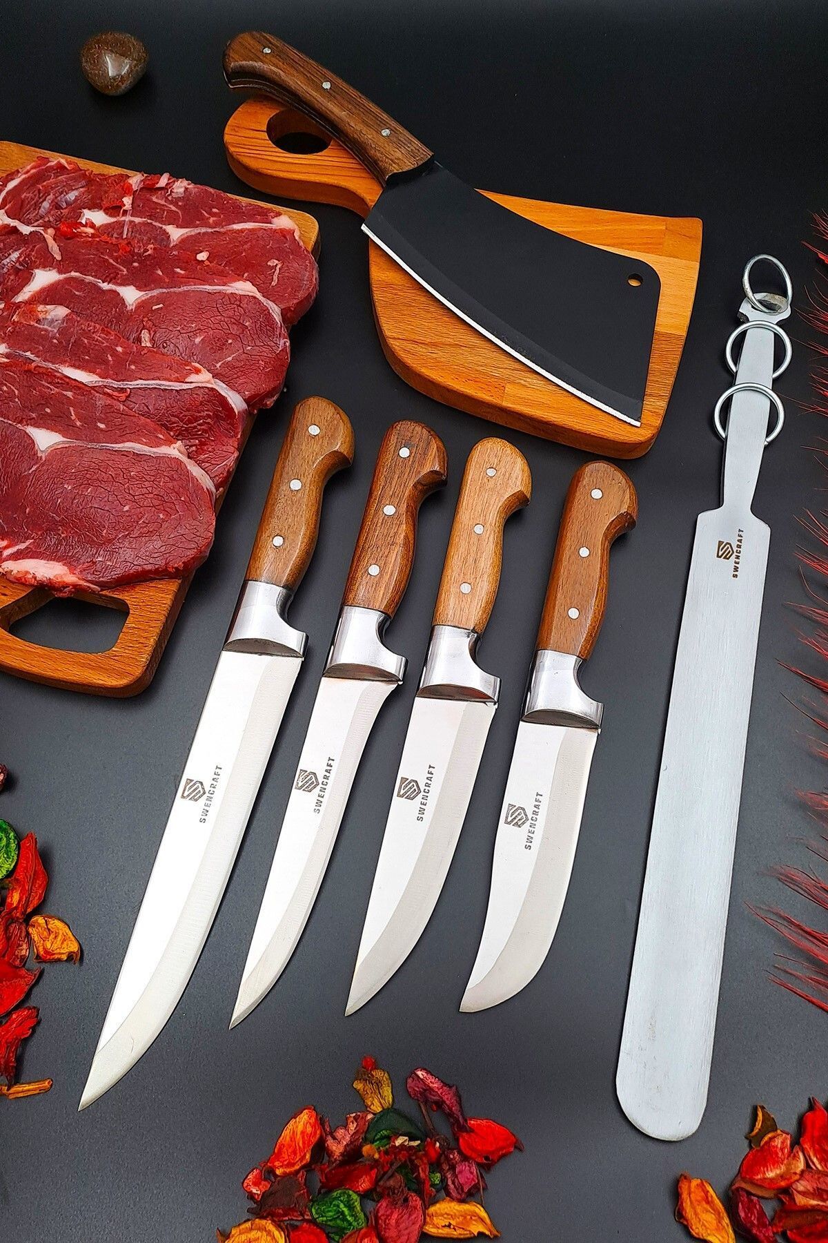 Castle Swencraft Mutfak Et Ekmek Sebze Bıçağı & Satır & Bileme Masatı 6'lı Paslanmaz Set Bileme Hediyeli !