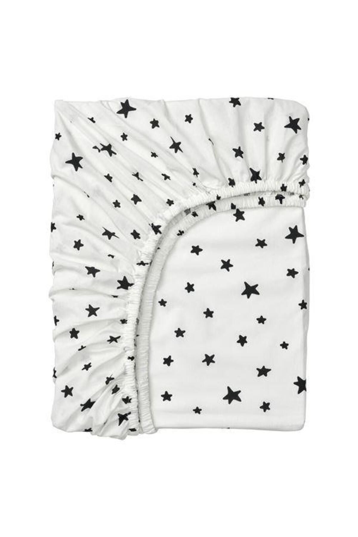 IKEA Çocuk Odası Lastikli Çarşaf 90x200 Cm Beyaz-siyah Yıldız Desenli Meridyendukkan Pamuklu