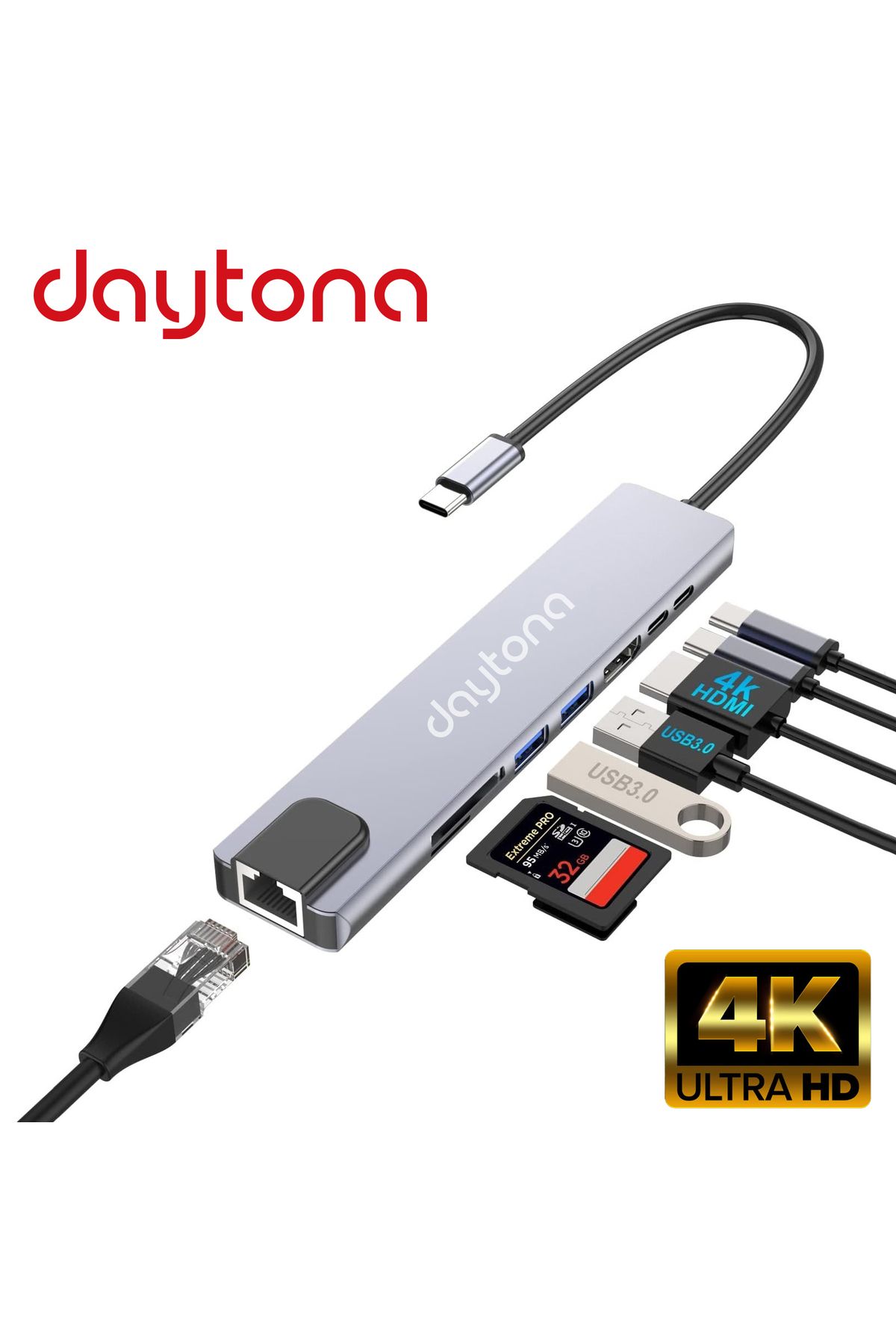 Daytona Cf10 8 In 1 Type-c™ To 4k Hdmı 1080p 2*type-c 2*usb 3.0 Ethernet Lan 2*sd Adaptör