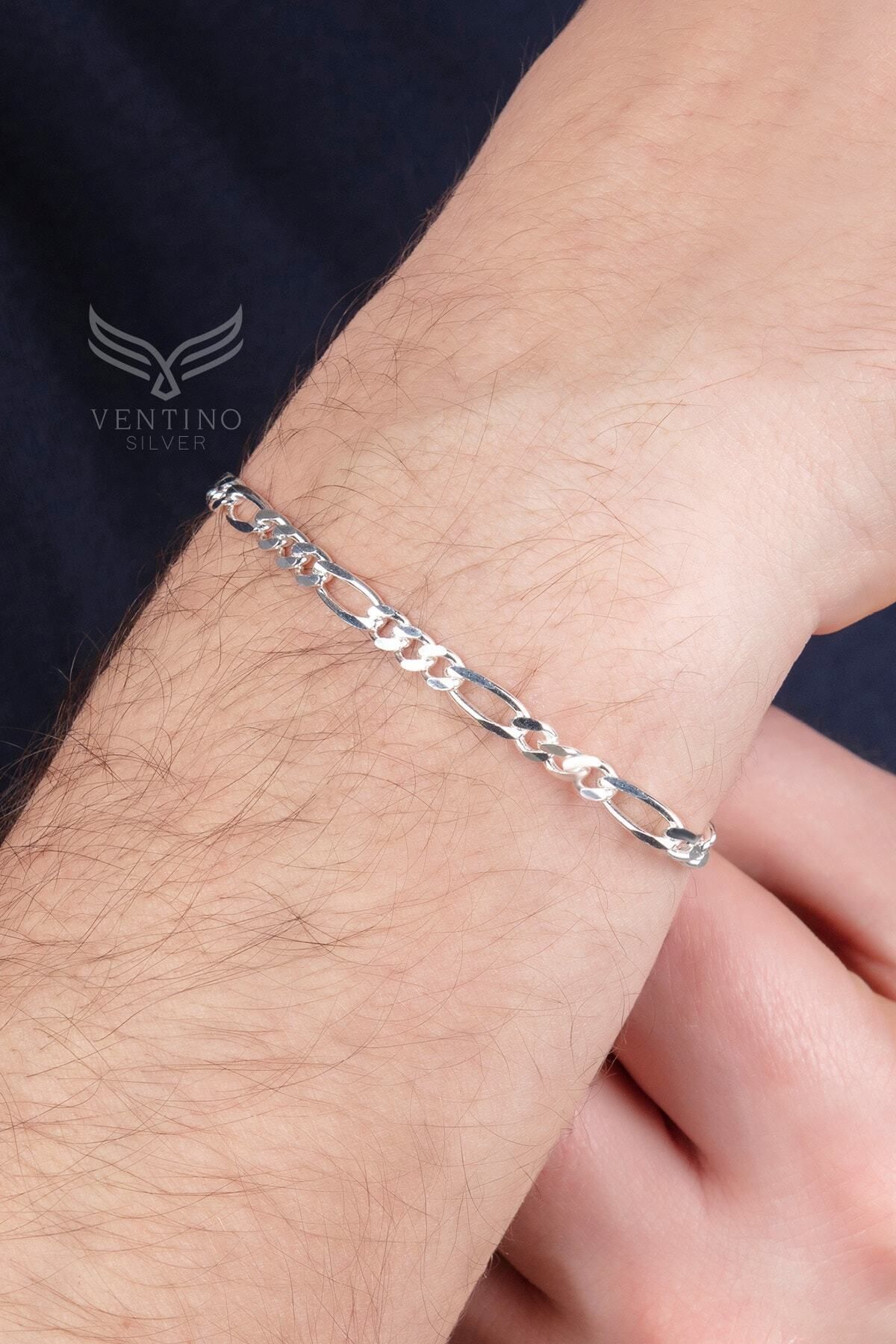 Ventino Silver 5mm Figaro 925 Ayar Gümüş Erkek Zincir Bileklik Veb-5200