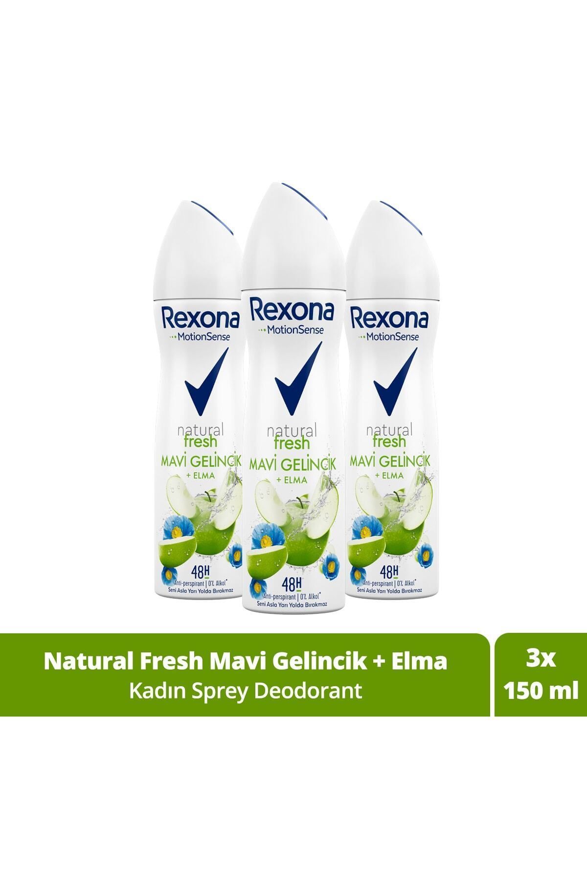 Rexona Kadın Sprey Deodorant Natural Fresh Mavi Gelincik Elma 150 ml X3