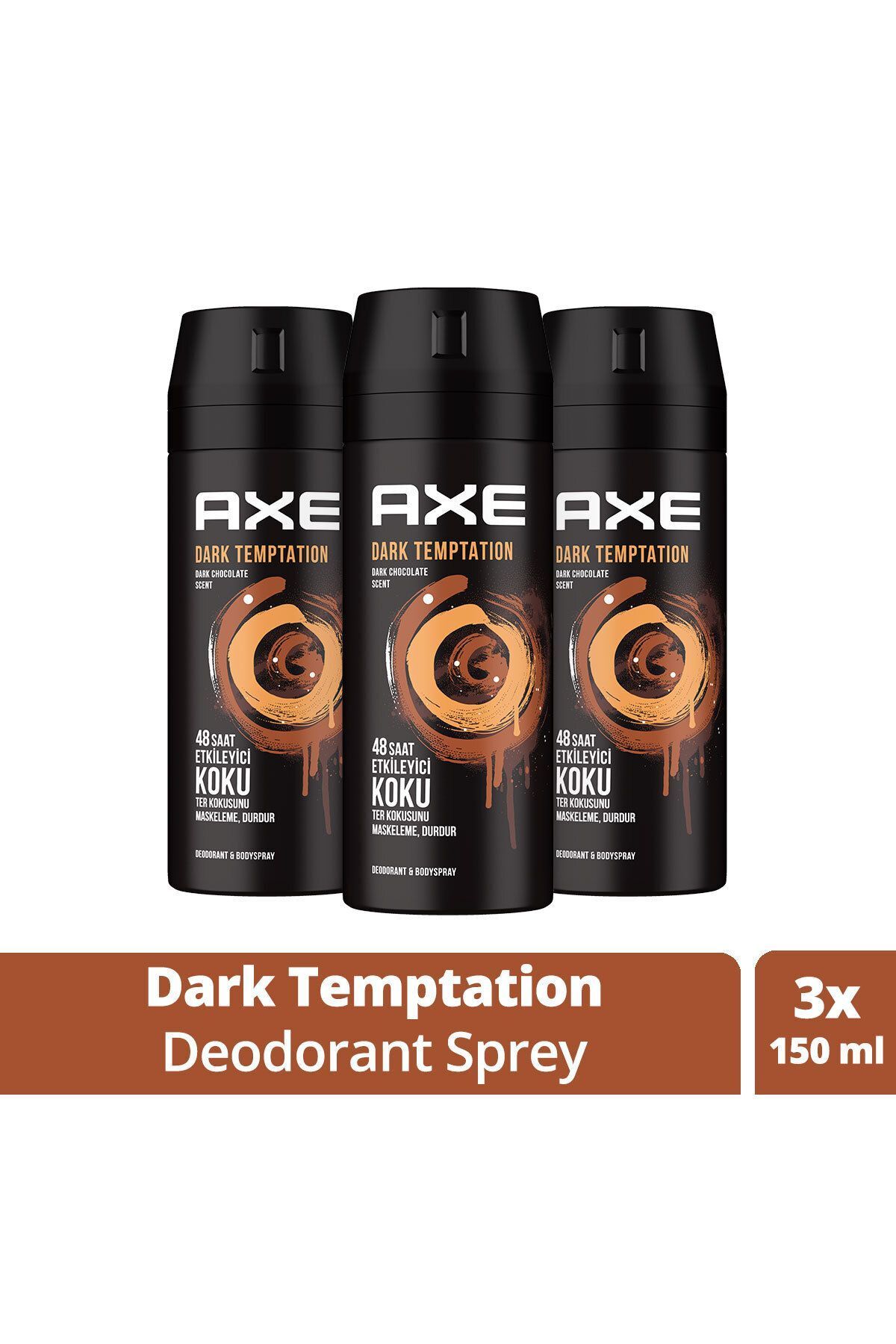 Axe Erkek Deodorant & Bodyspray Dark Temptation 48 Saat Etkileyici Koku Vücut Spreyi 150 ml X3 Adet