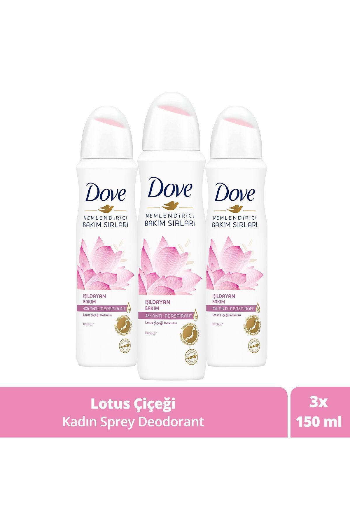 Dove Kadın Sprey Deodorant Işıldayan Bakım Lotus Çiçeği Kokusu 150 ml X3 Adet