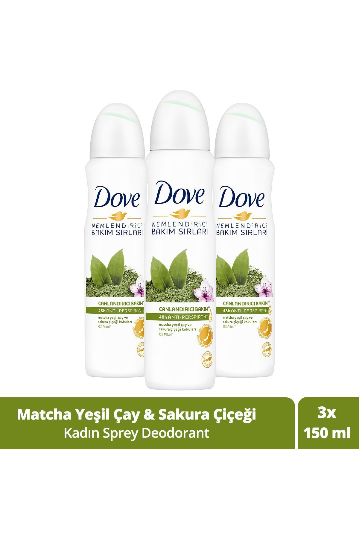 Dove Kadın Sprey Deodorant Canlandırıcı Bakım Matcha Yeşil Çay Ve Sakura Çiçeği 150 ml X3 Adet