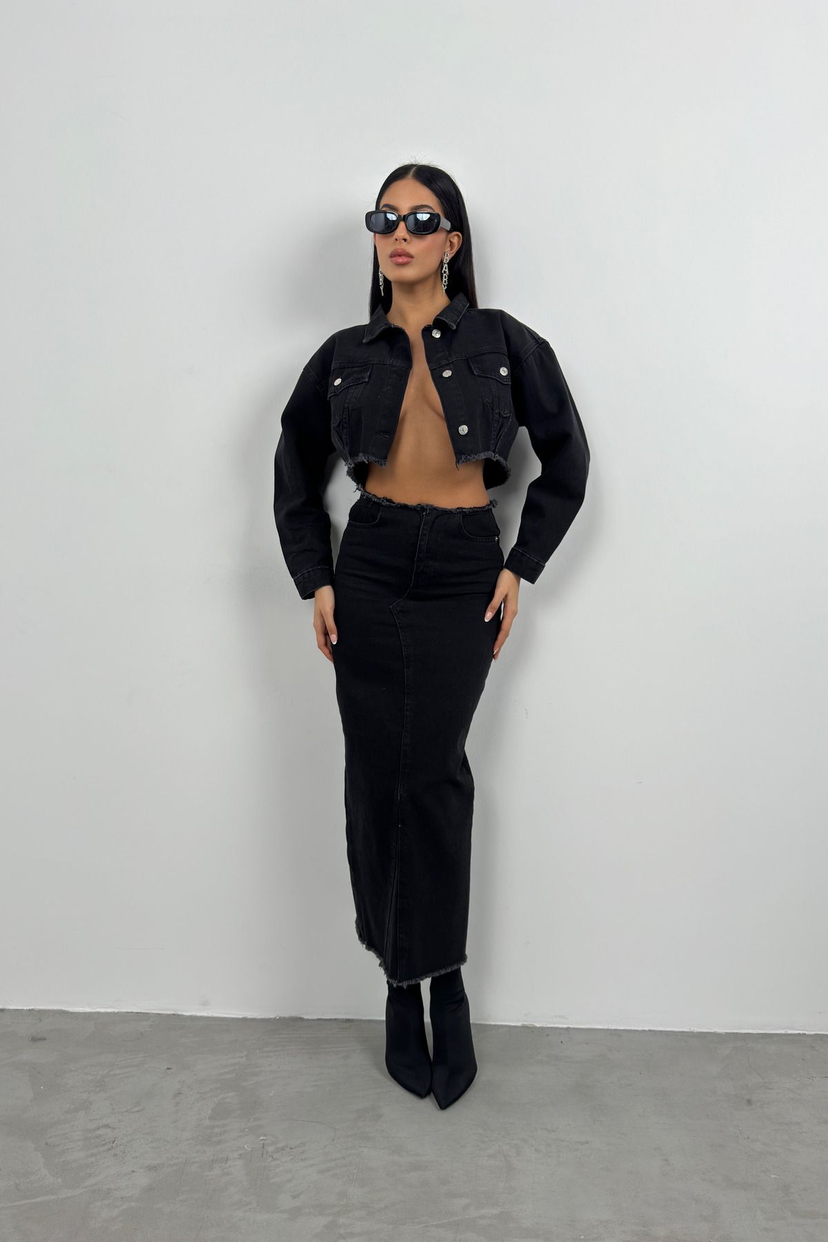 Black Fashion Bel Ucu Dikişsiz Denim Ceket
