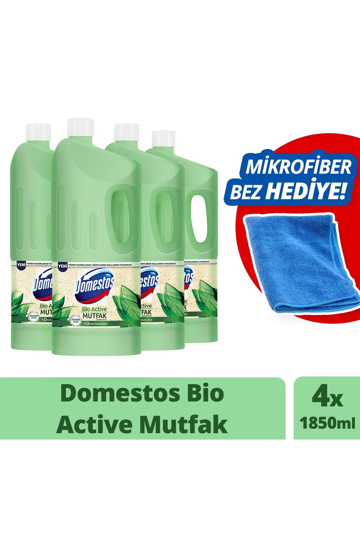 Domestos Bio Active Çamaşır Suyu Mutfak 1850 ml x4 + Mikrofiber Bez Hediye