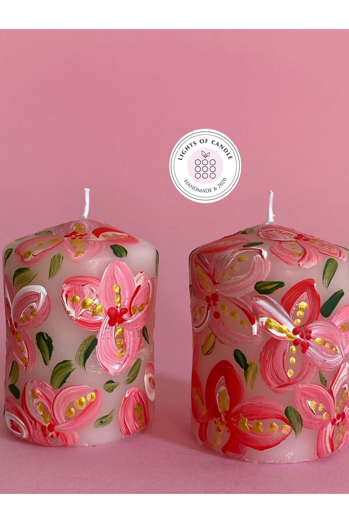 lıghts of candle handmade & 2020 Çiçek Desenli El Boyaması 2'li Blok Mum