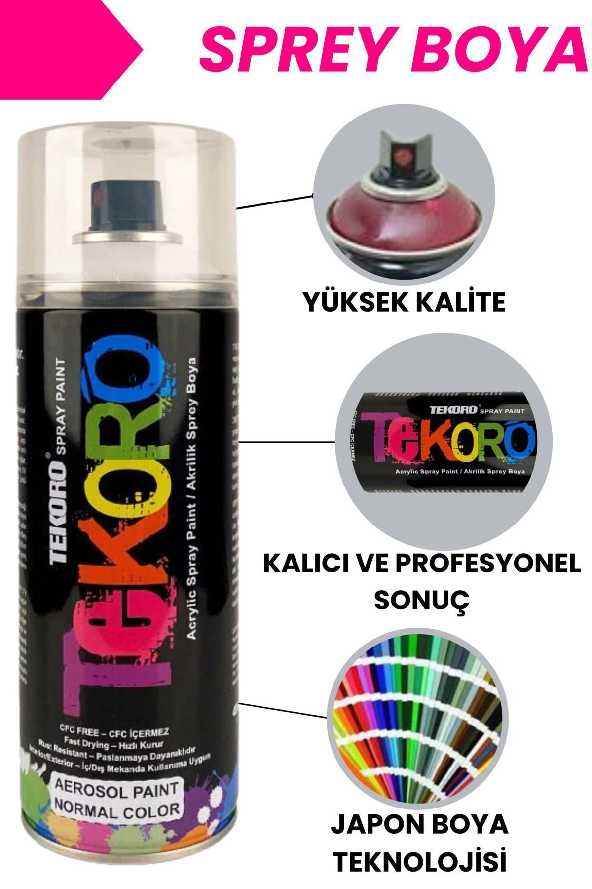 TEKORO Pütür Siyah - Profesyonel Floresan Renkler Sprey Boya 400 ml