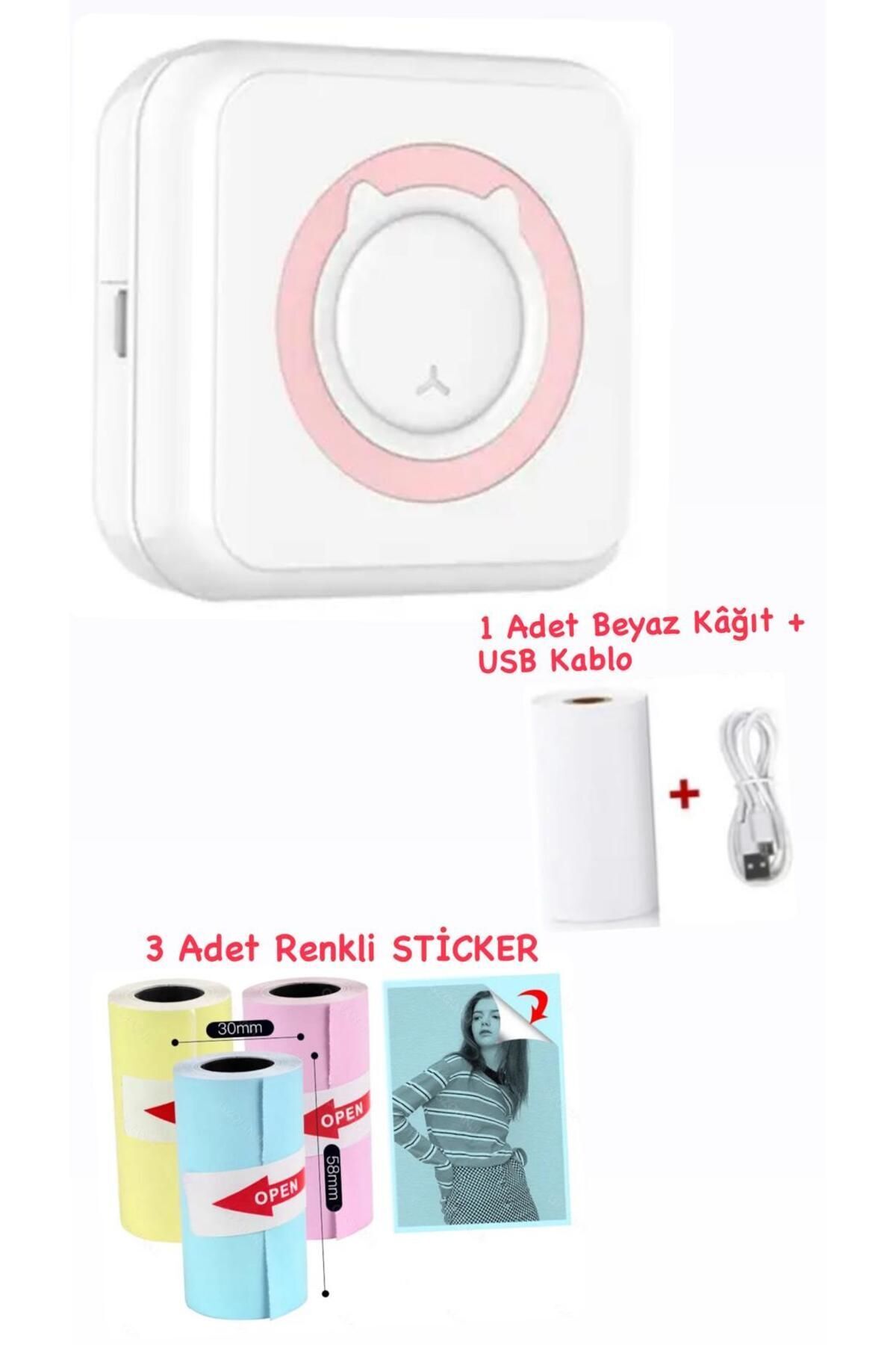 Schulzz Mini Termal Taşınabilir Yazıcı Pembe, 1adet Beyaz Kağıt 3 Adet Renkli Sticker