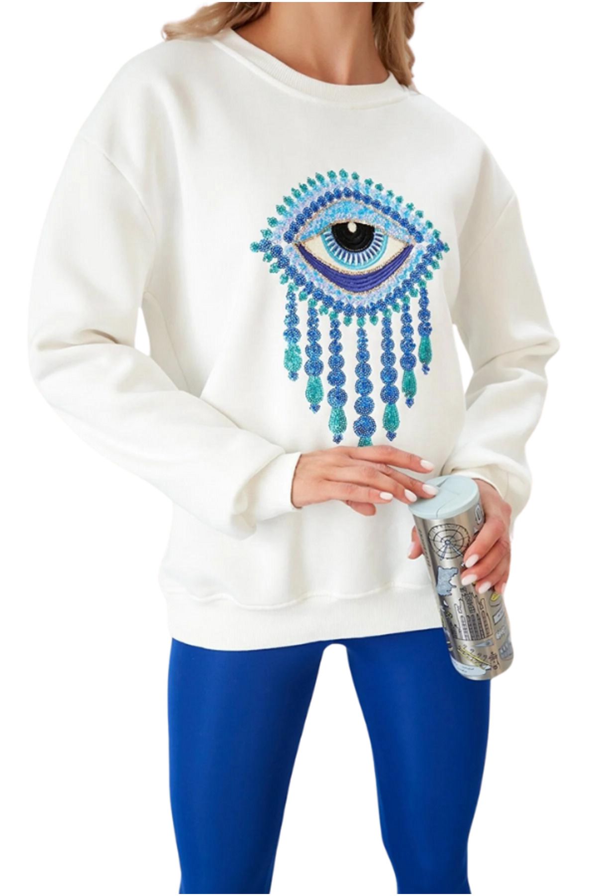 Cassime Kadın Göz Nazar Desenli Pul Payet İşlemeli  Beyaz 3 İplik Şardonlu %100 Pamuk Oversize Sweatshirt