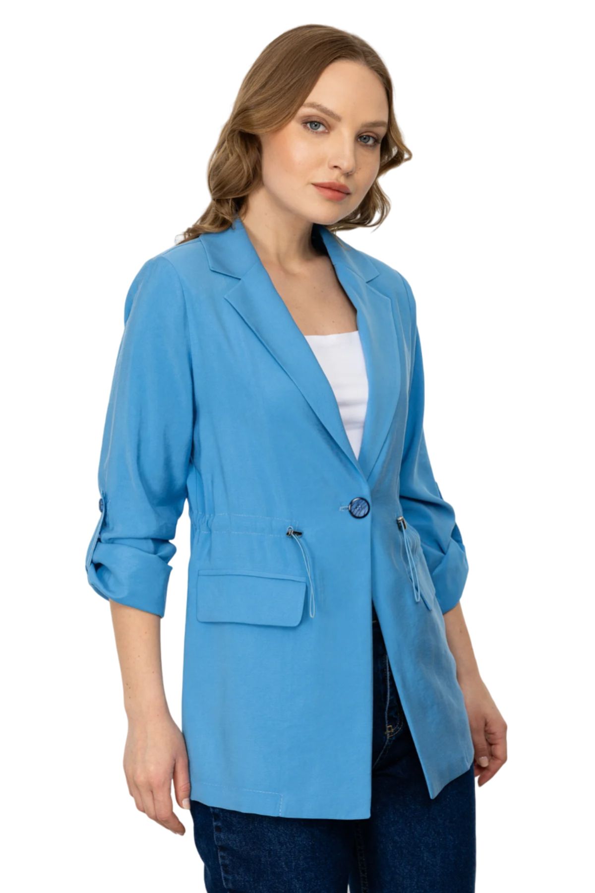 Ekol Düğmeli Katlanabilir Kol Mavi Kadın Ceket 24EKL05140