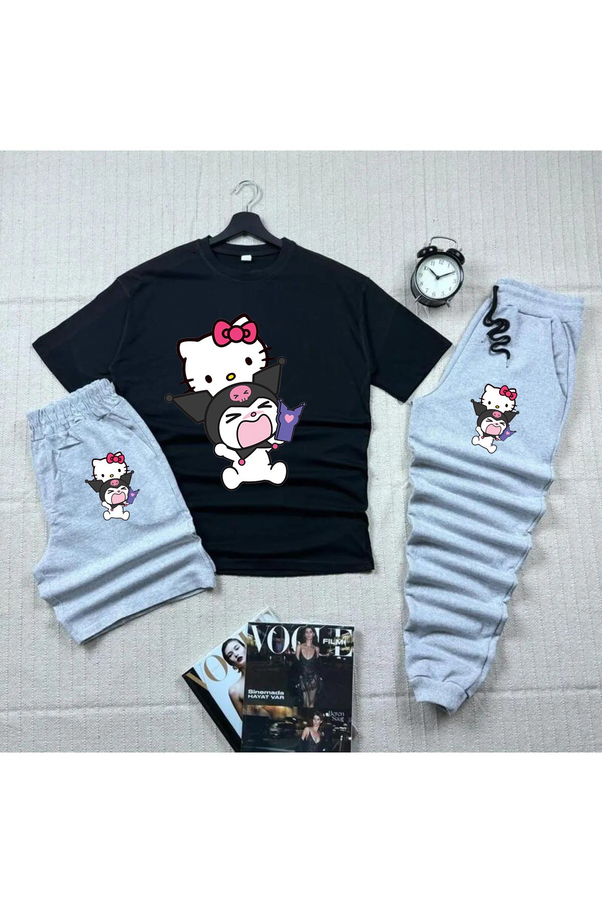 Pisa Art Hello Kitty Kuromi T-shirt + Eşofman Altı + Şort Takım 3"LÜ Takım