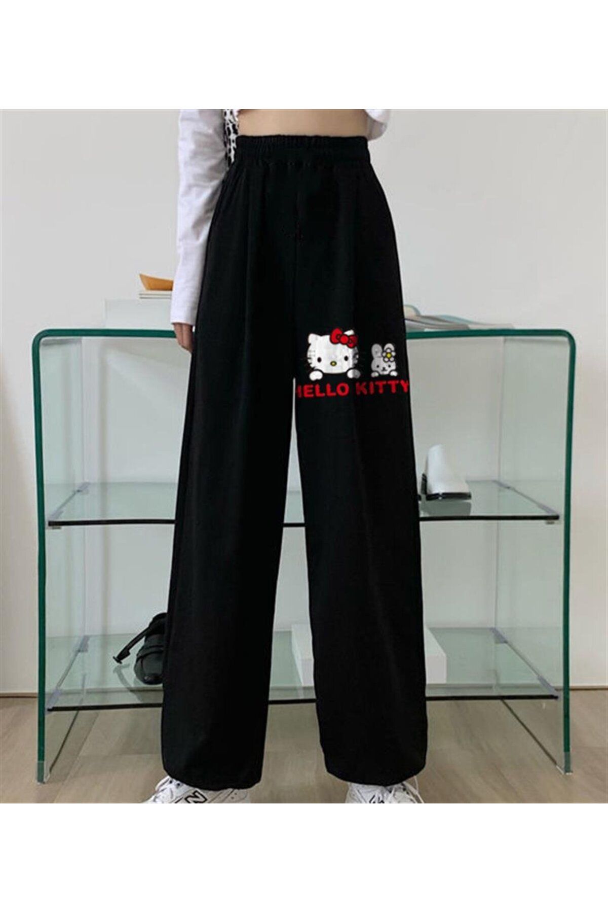 Touz Moda Hello Kitty Baskılı Oversize Unisex Siyah Eşofman Altı