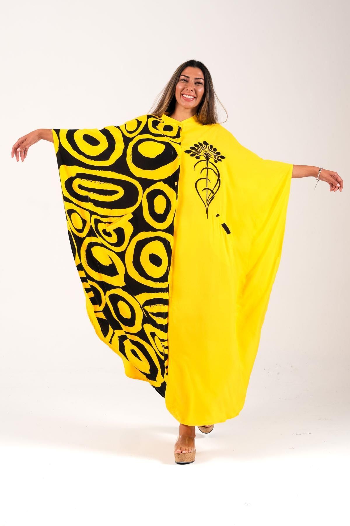 Keyifli Moda Kadın Sarı Sıfır Yaka Desen Garnili Nakışlı Cepli Oversize Uzun Elbise