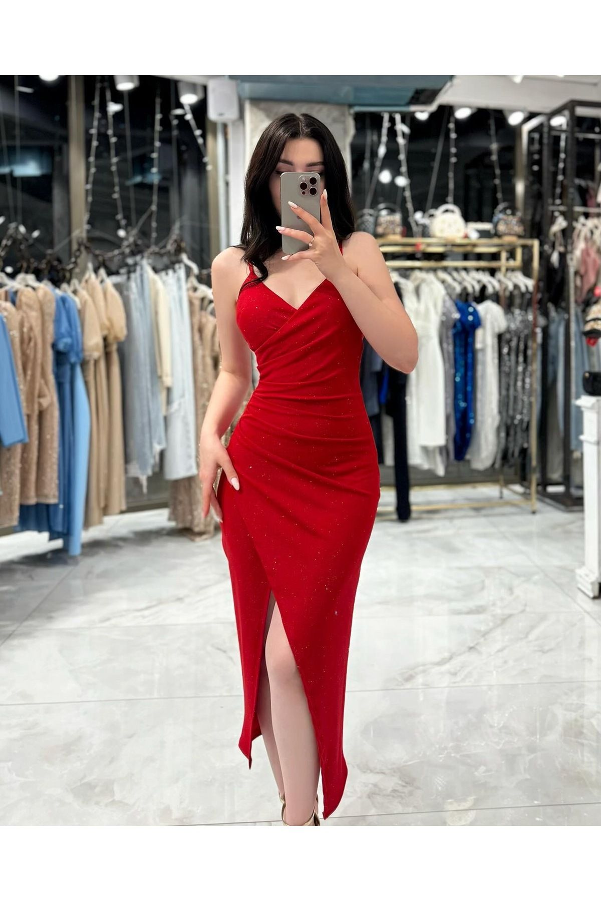 missswans Maderin Ayarlanabilir İp Askılı Önü Büzgülü Simli Elbise-Kırmızı