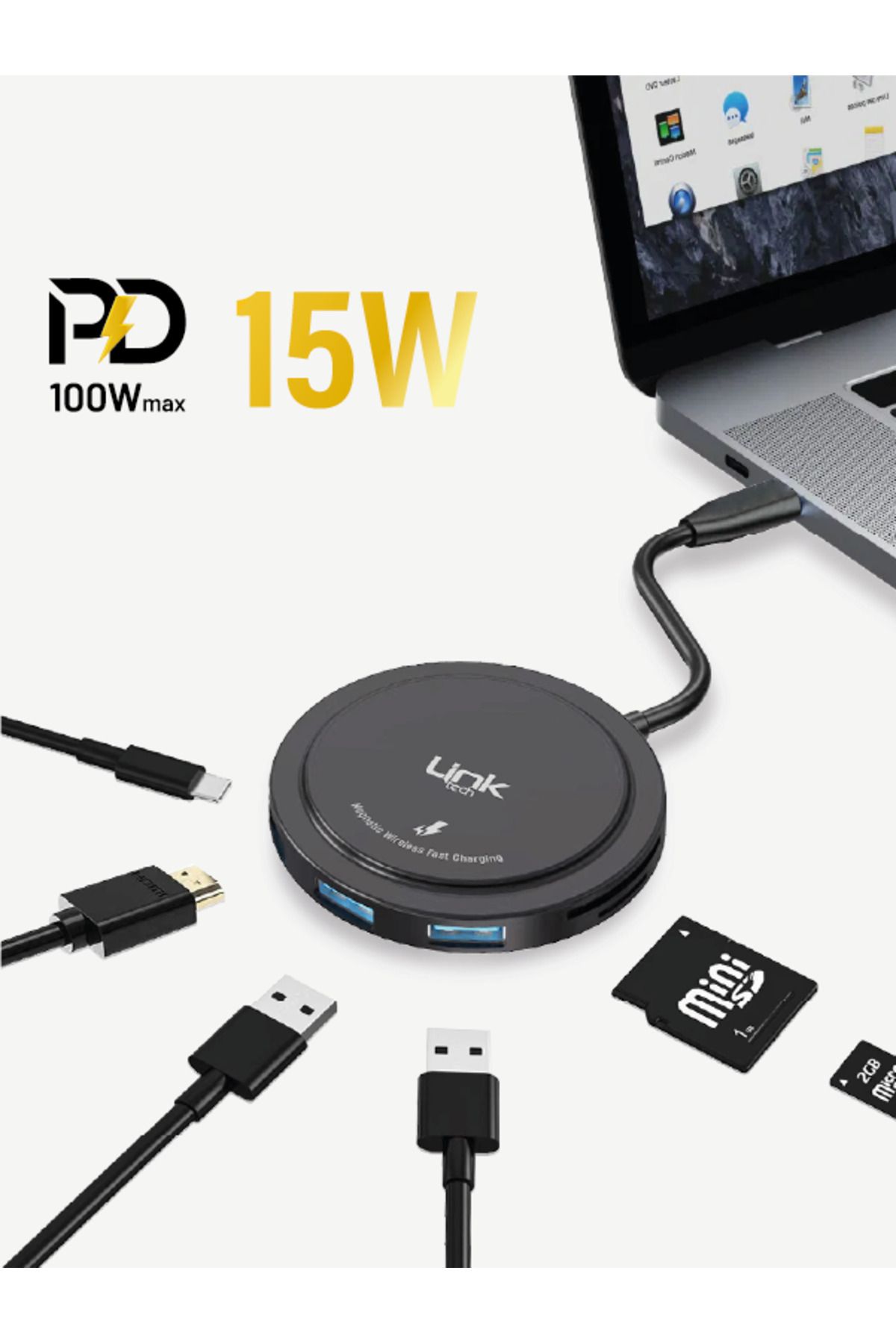 Linktech A200 Premium 7'sı 1 arada Kablosuz Şarj Pedi, USB-C HUB ve Kart Okuyucu