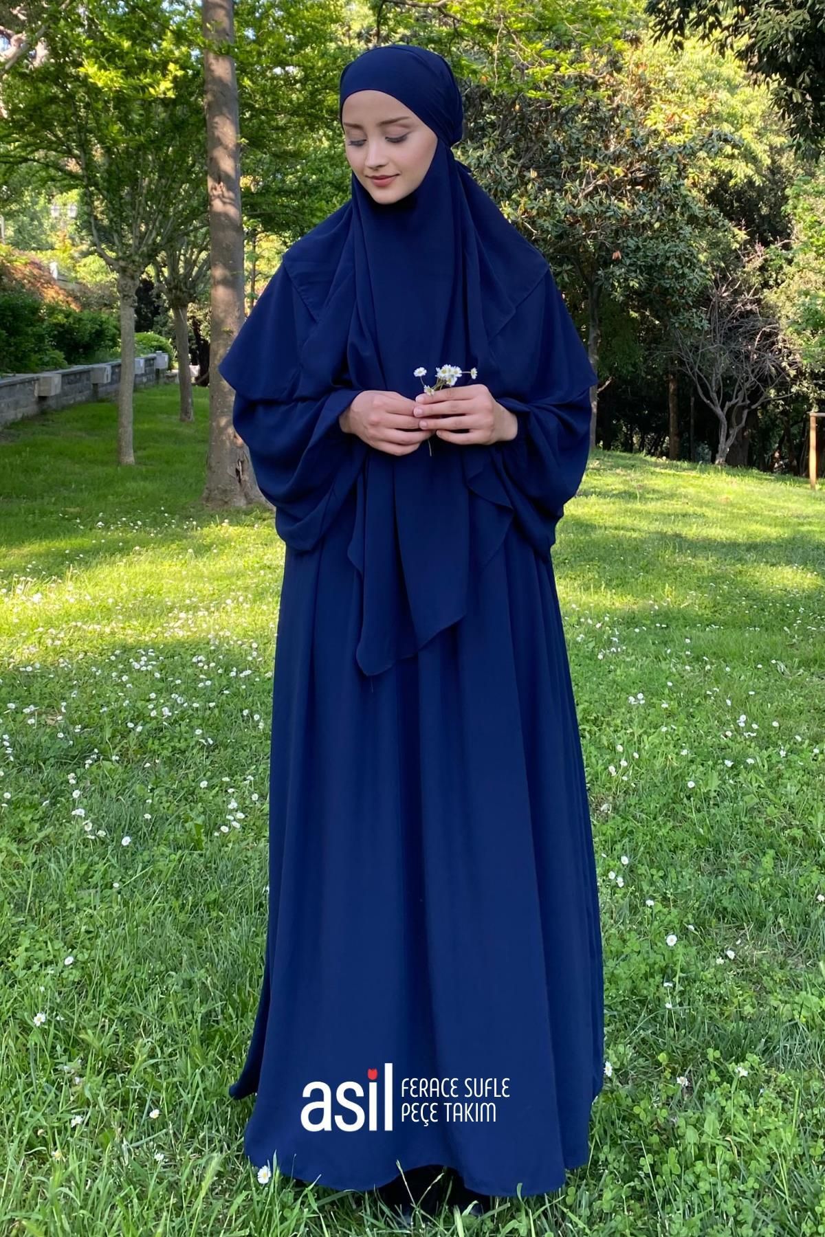 ASİLNUR Asil Ferace Sufle Peçe Takım Lacivert (ÜÇ PARÇA SET)
