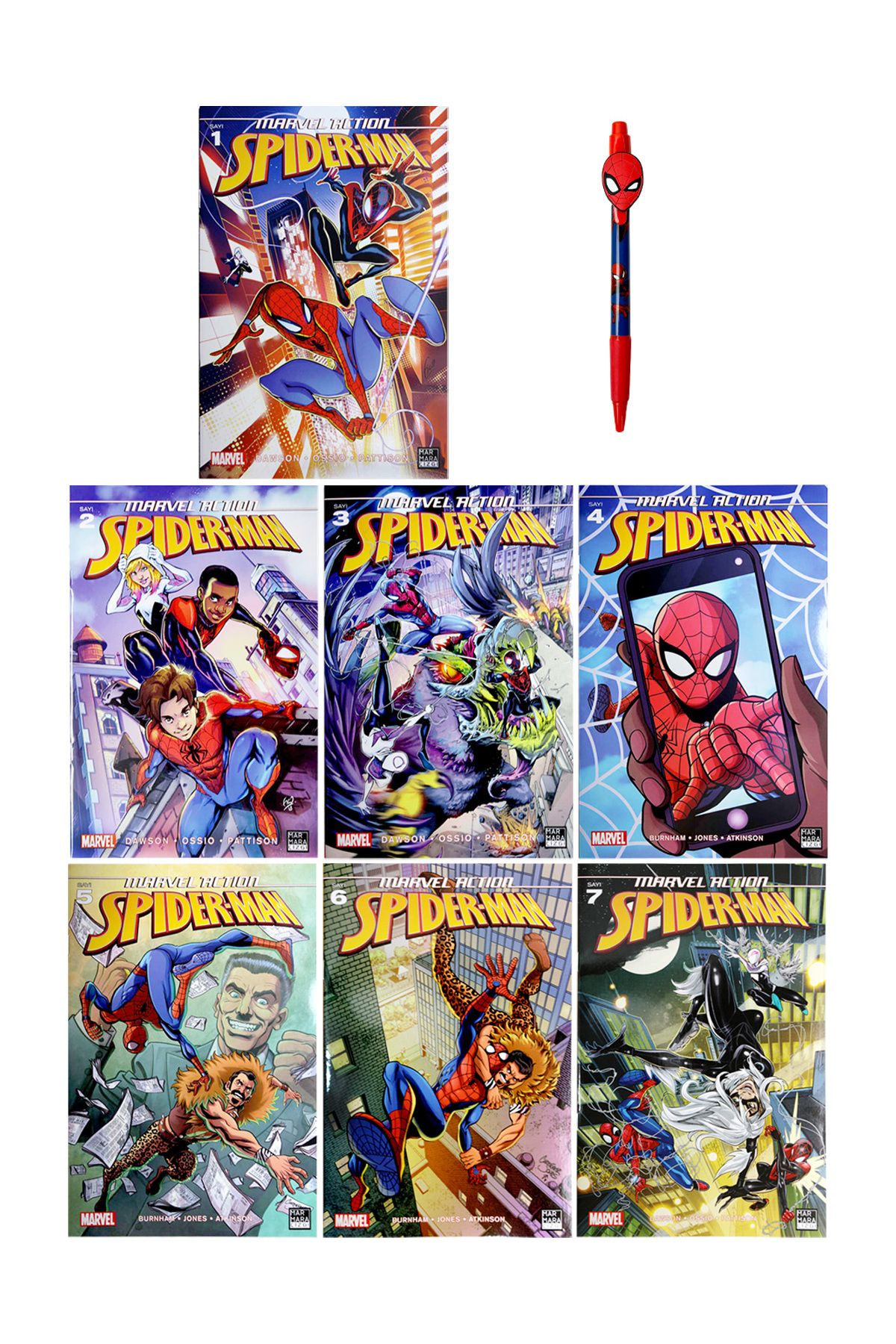 Marmara Çizgi Yayınları Marvel Action Spiderman (1-7) Çizgiroman Spiderman Kalem Hediyeli