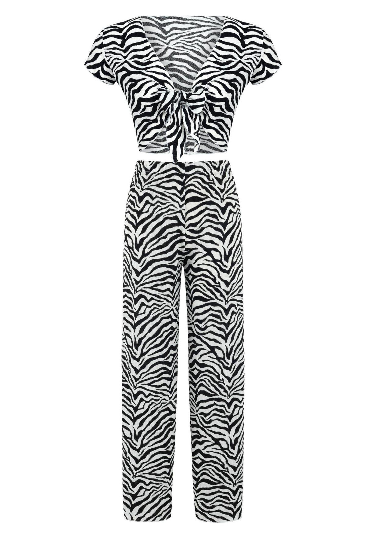 Aquella Dikiş Detaylı Zebra Desen Crop Pantolon Takım