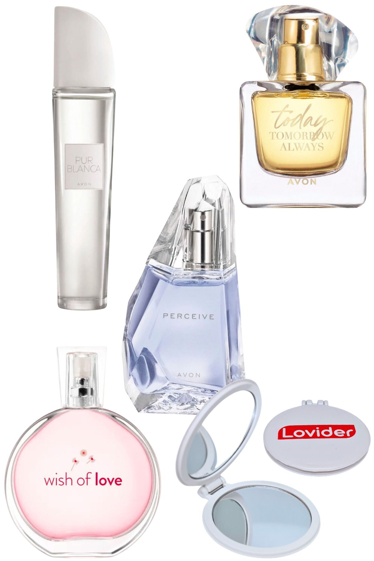 Avon Kadın Parfüm Seti; Pur Blanca + Wish Of Love + Perceive + TTA Today + Lovider Cep Aynası
