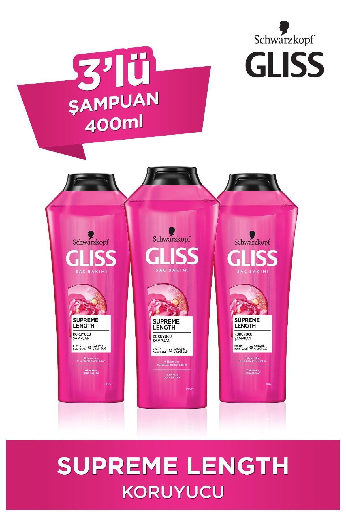 Gliss Supreme Length Koruyucu Şampuan - Biotin Kompleksi Ve Şakayık Çiçeği Özü Ile 400 ml X 3 Adet