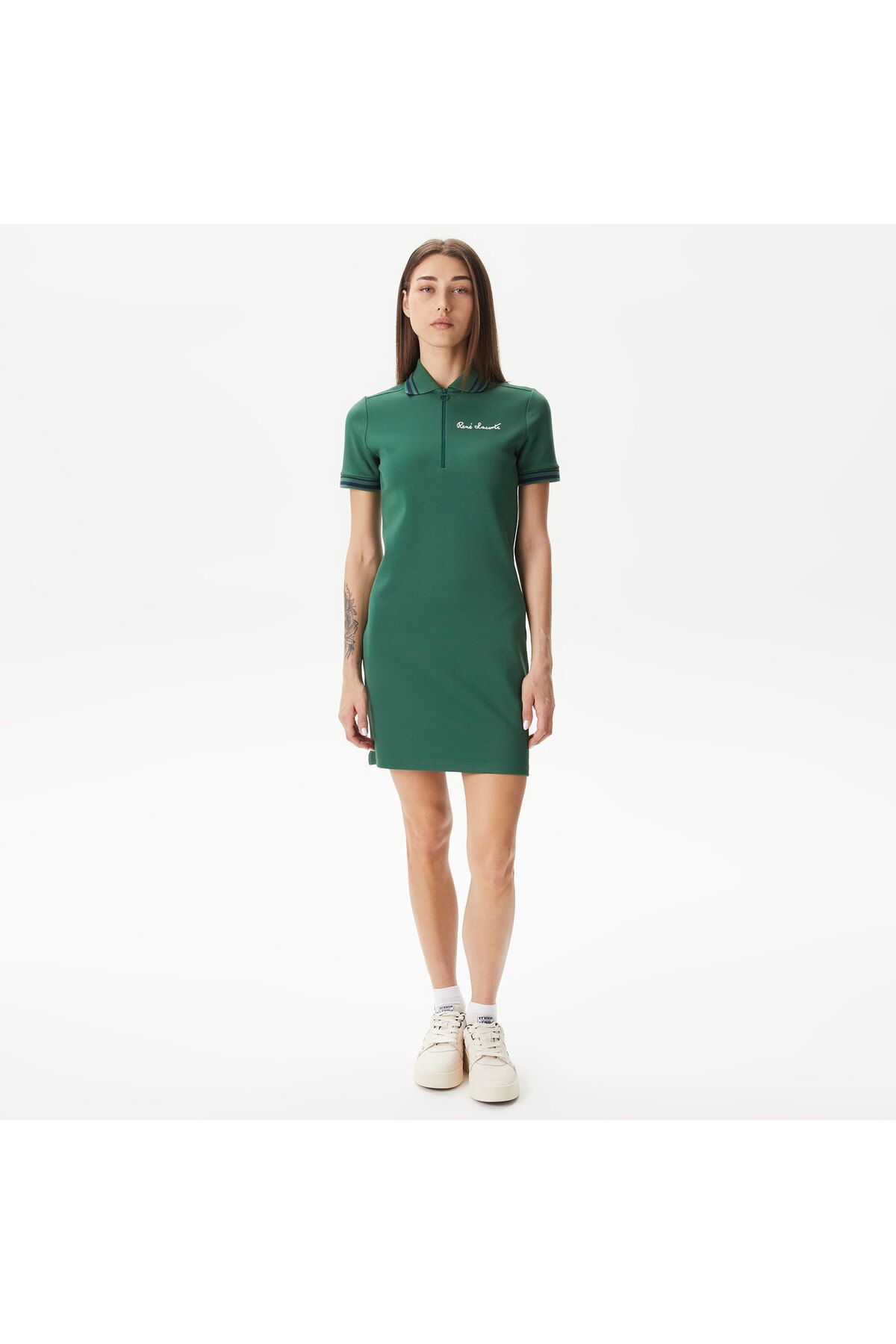 Lacoste Kadın Straight Fit Yarım Fermuarlı Yeşil Elbise