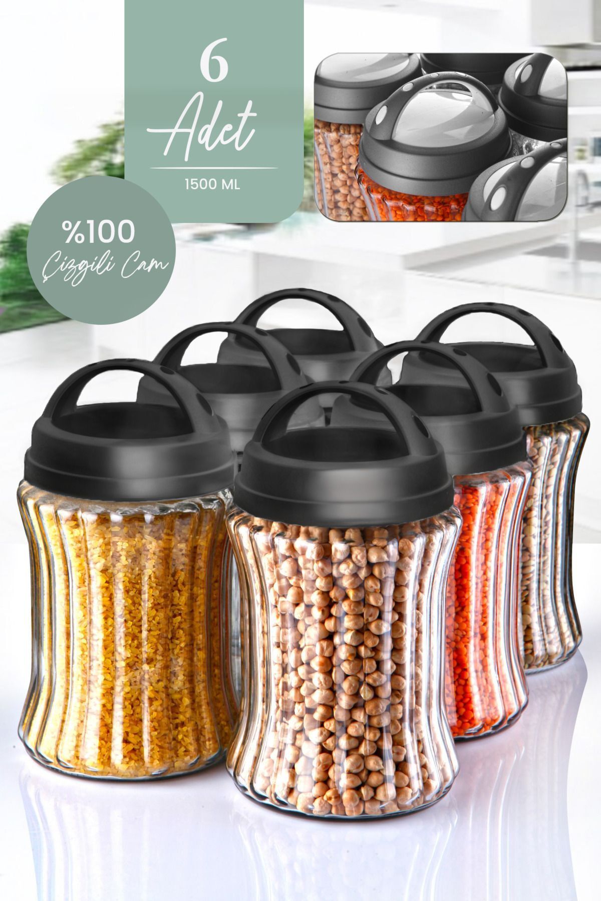 Kitchen Life 6 Adet Orta Boy CAM Çizgili Kavanoz Seti 1500 ML - Taşıma Kulplu Baharatlık Çay Şeker Saklama Kabı